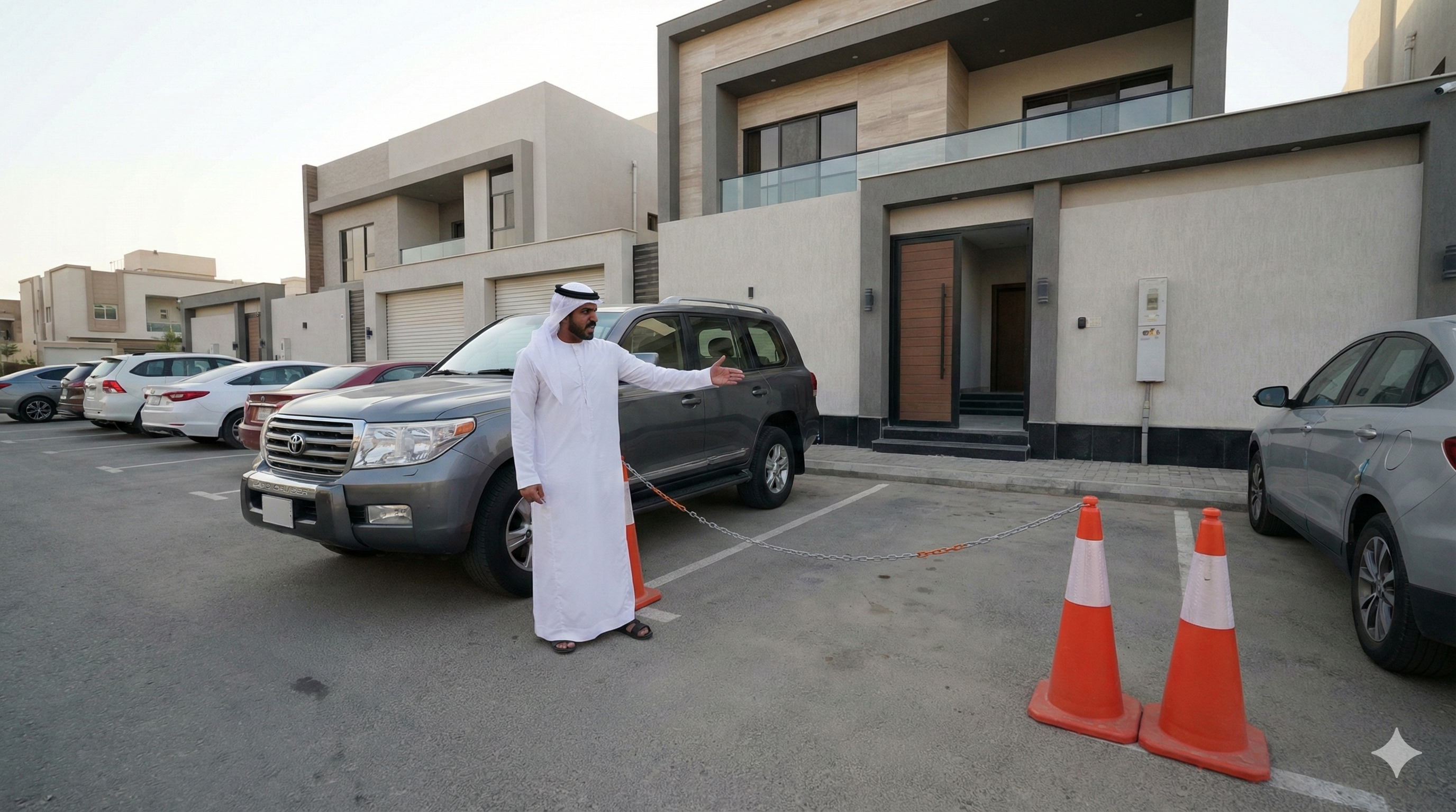 حجز المواقف بالسلاسل والحواجز في الأحياء السعودية