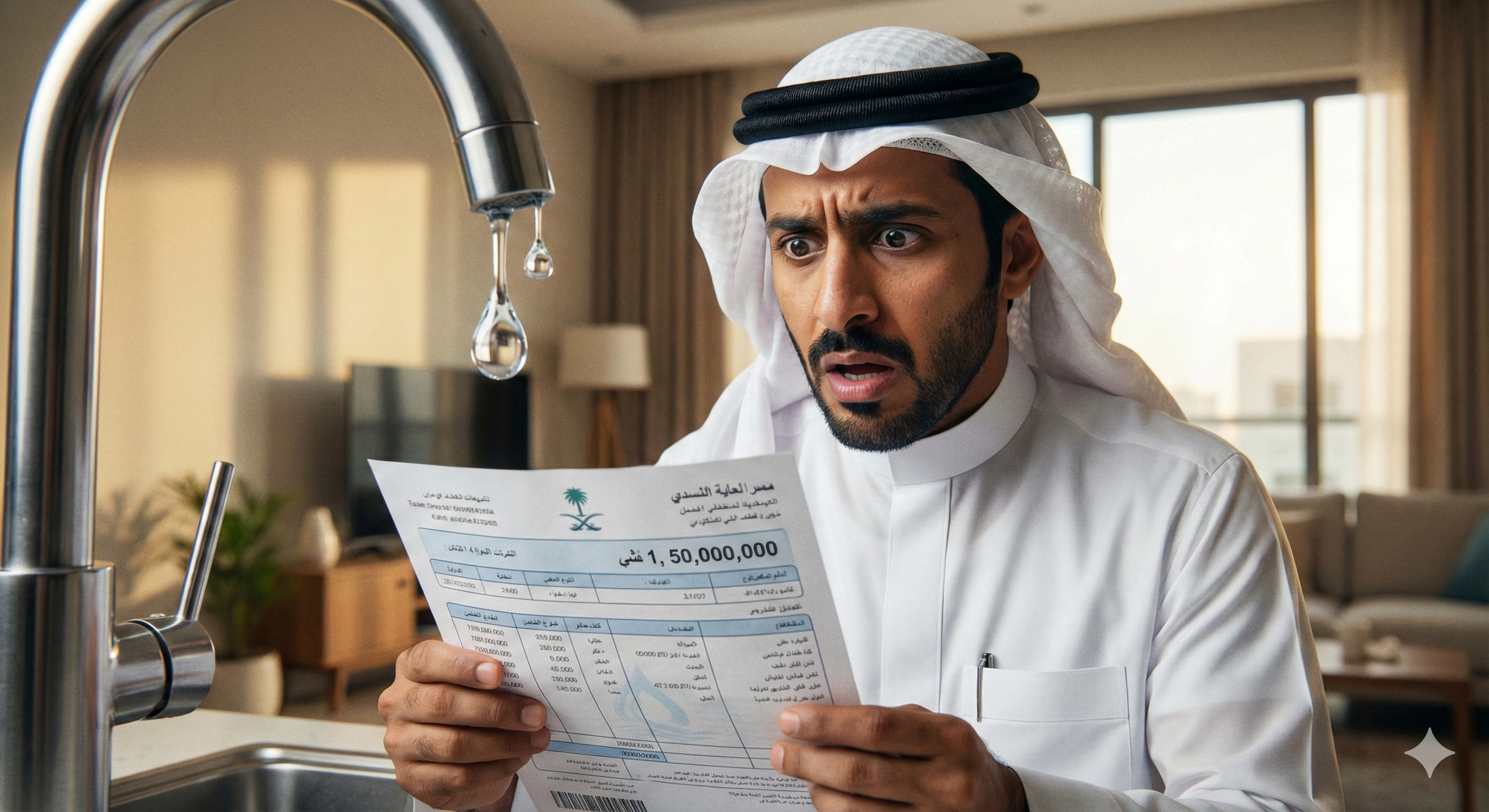 رجل سعودي ينظر بصدمة إلى فاتورة المياه المرتفعة