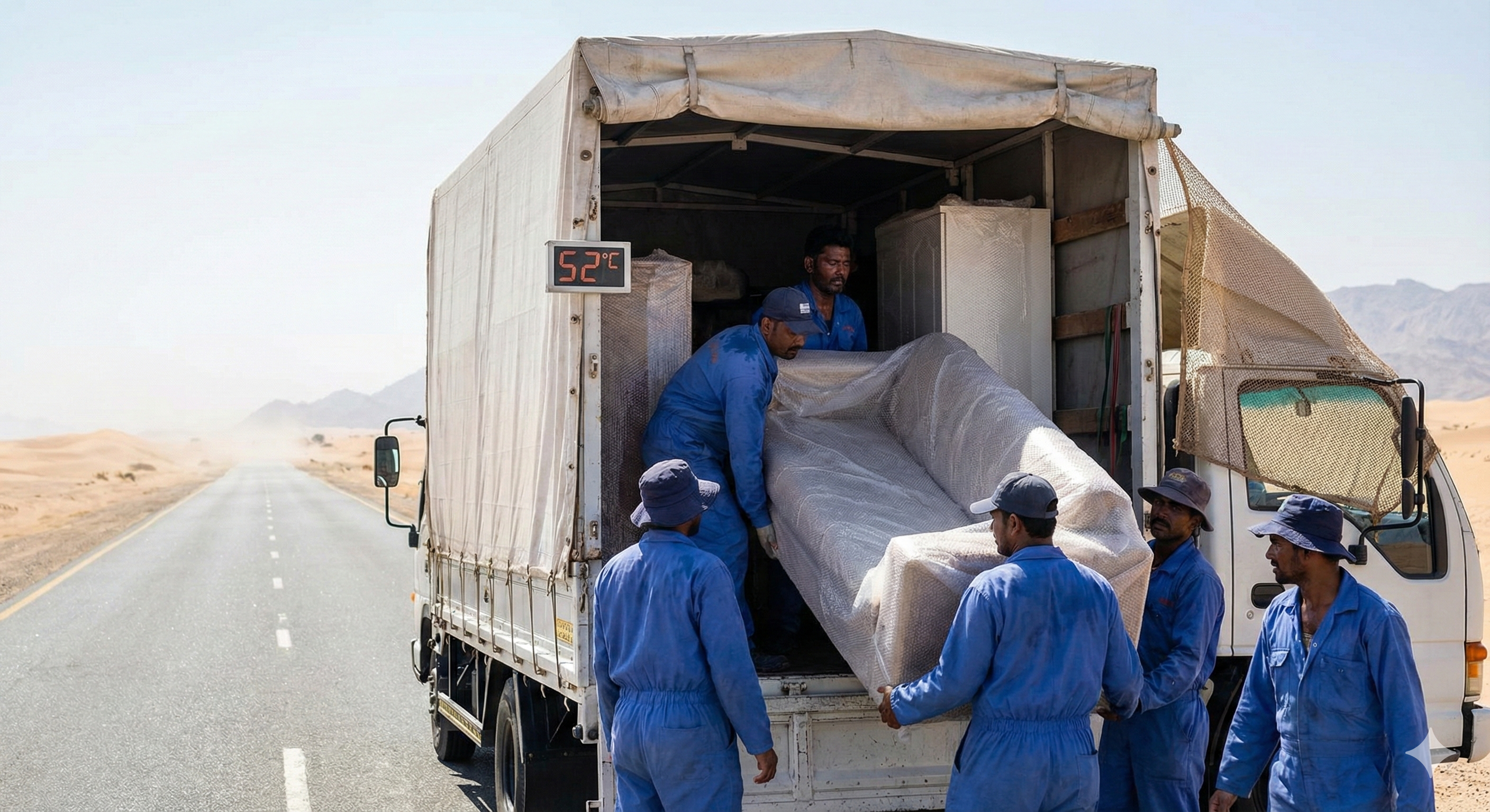 Moving workers protecting furniture from extreme heat