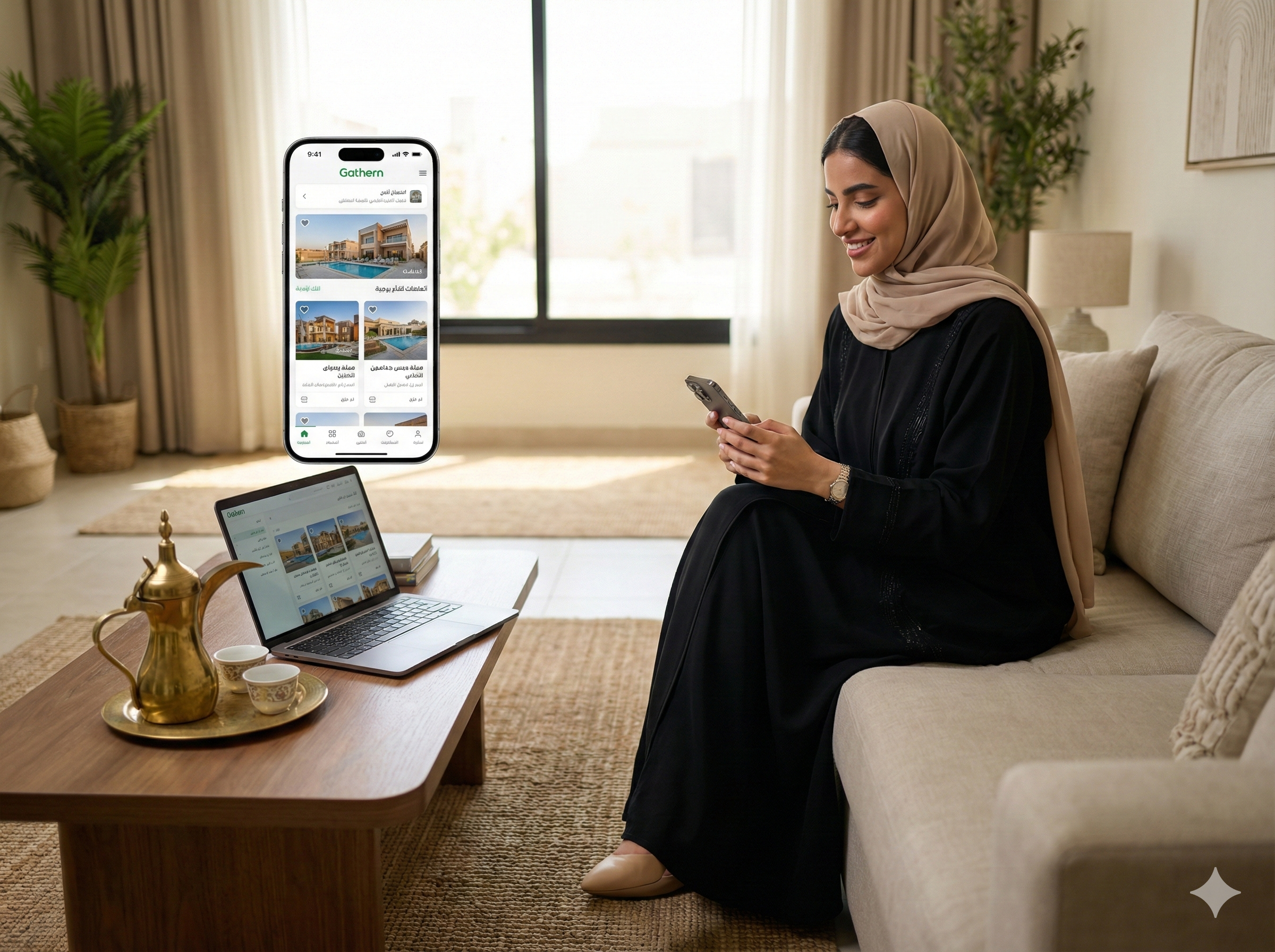 سيدة سعودية تستخدم تطبيق جاذرن لحجز إقامة سياحية