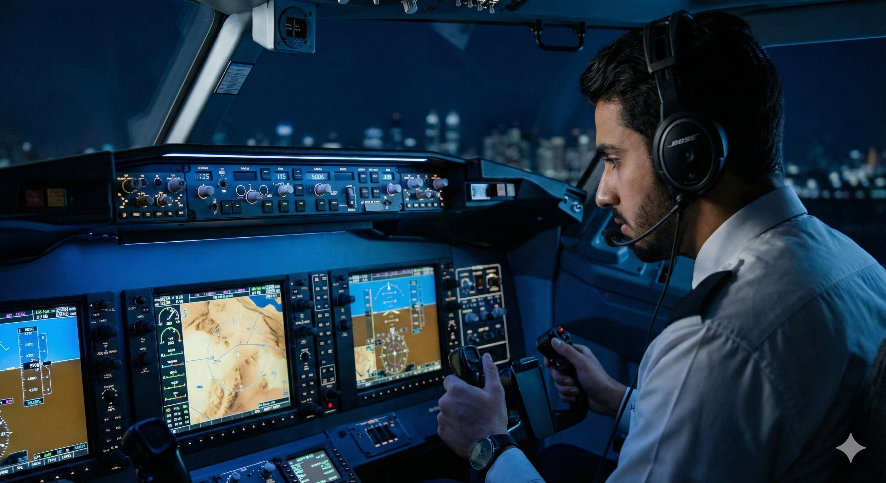 Modern aircraft cockpit with navigation instruments
