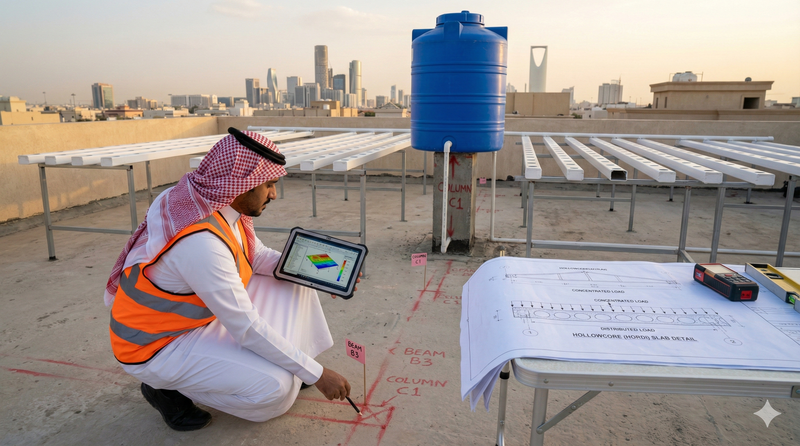Structural engineer inspecting villa roof for hydroponics