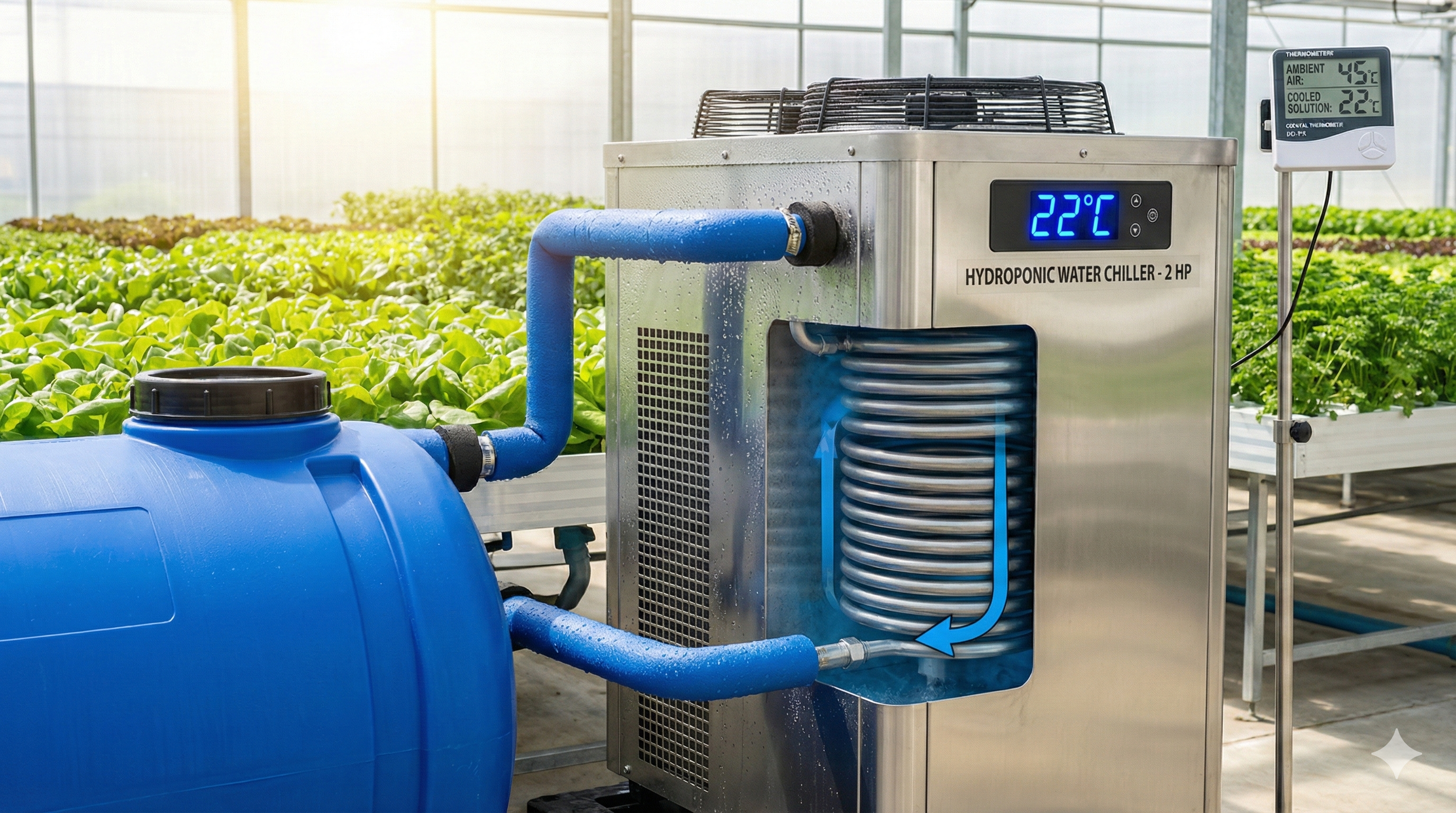 Nutrient solution cooling system for hydroponics