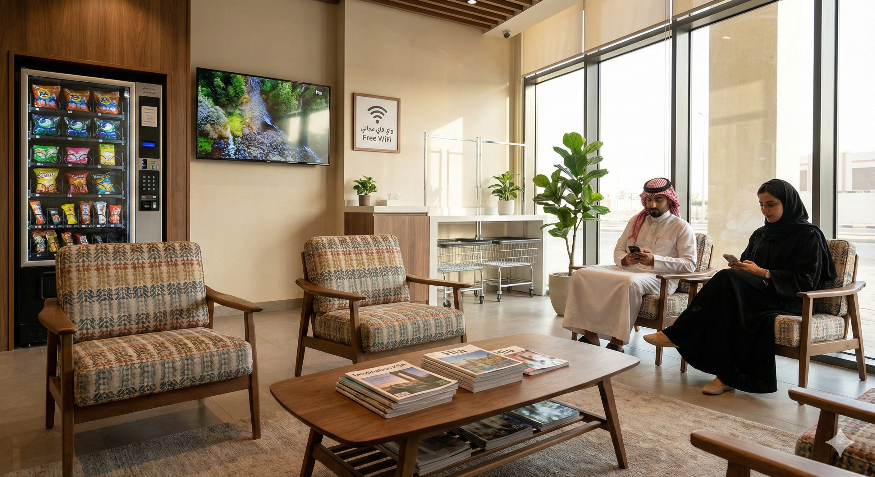 منطقة الانتظار والخدمات في المغسلة الذاتية