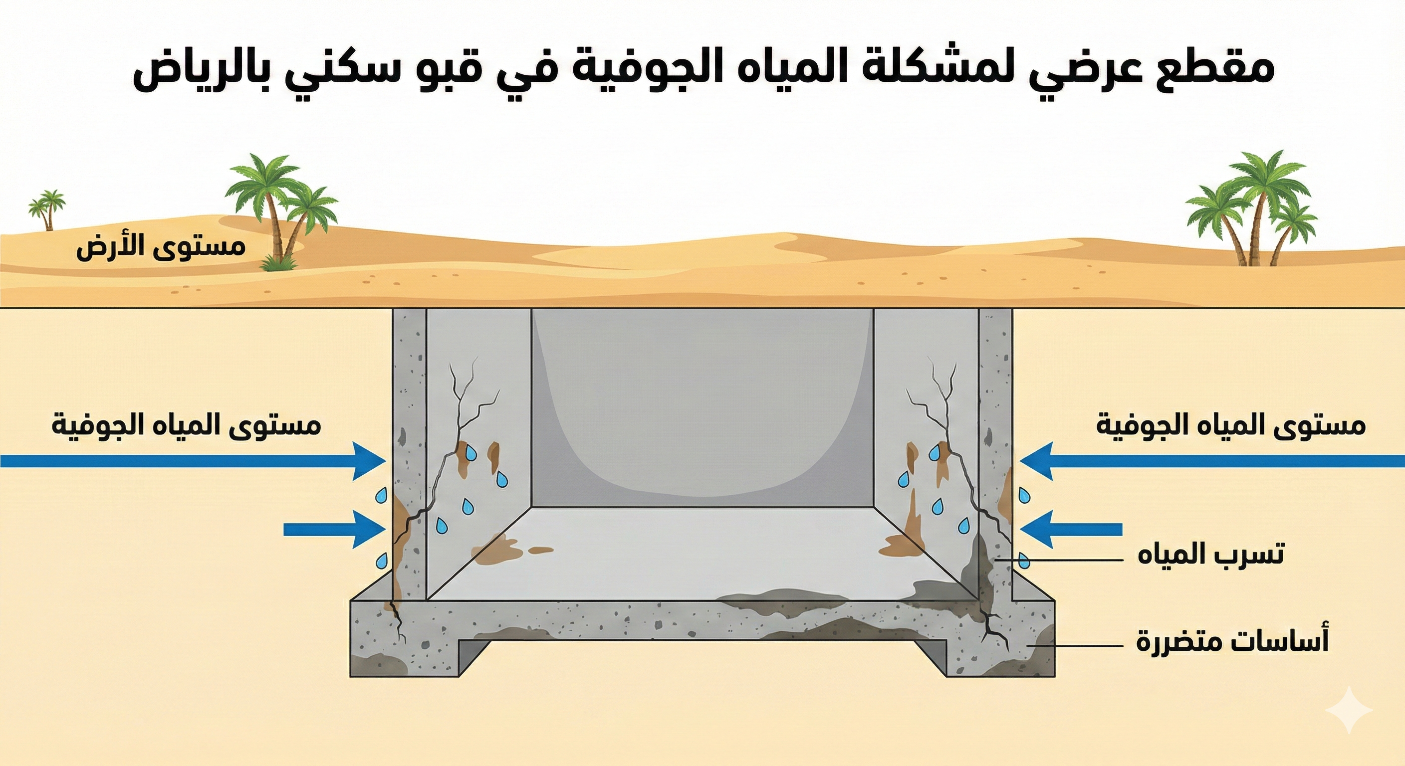 مشكلة تسرب المياه الجوفية للقبو في الرياض