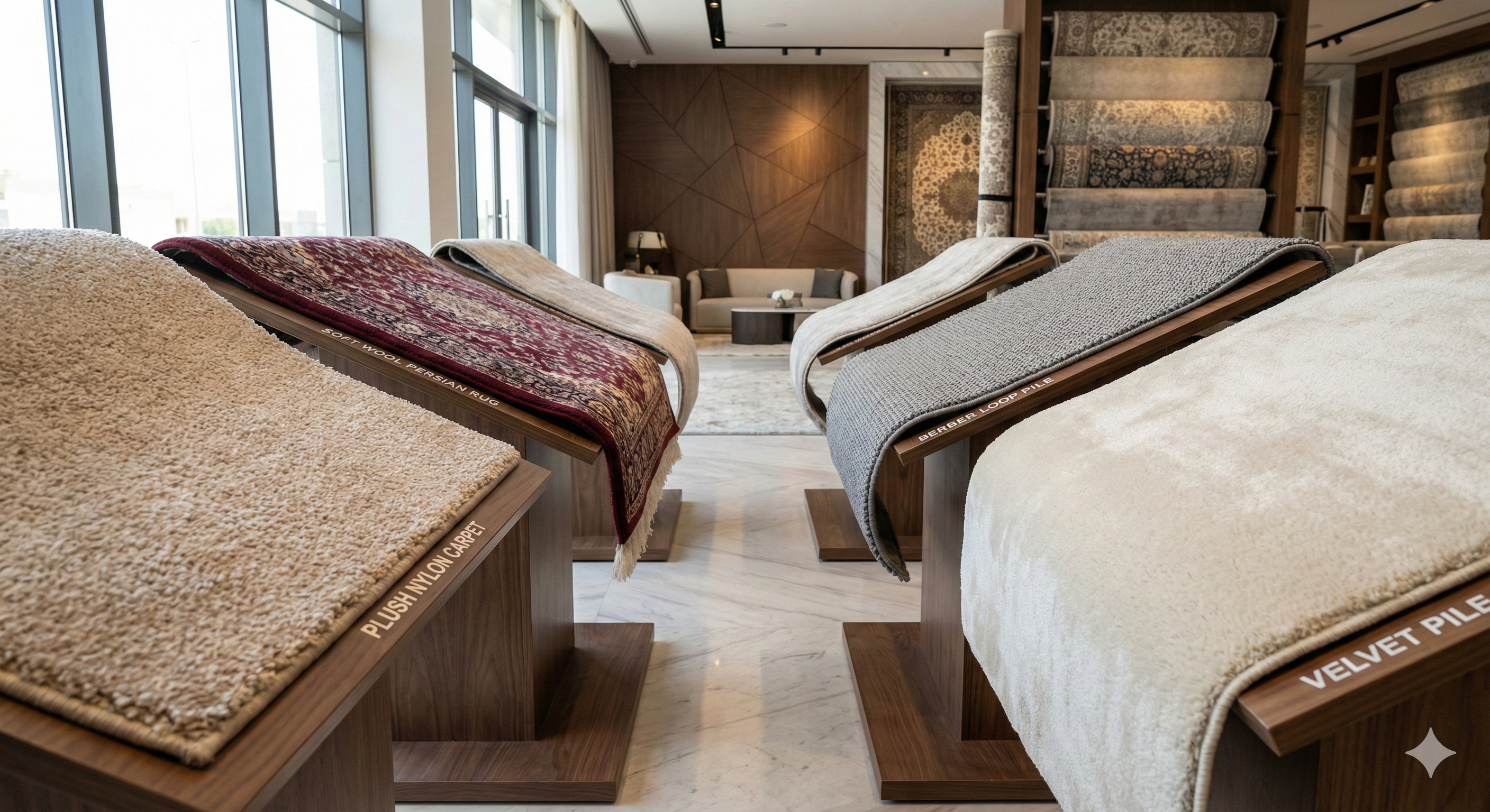 Luxury carpet showroom displaying different types of rugs