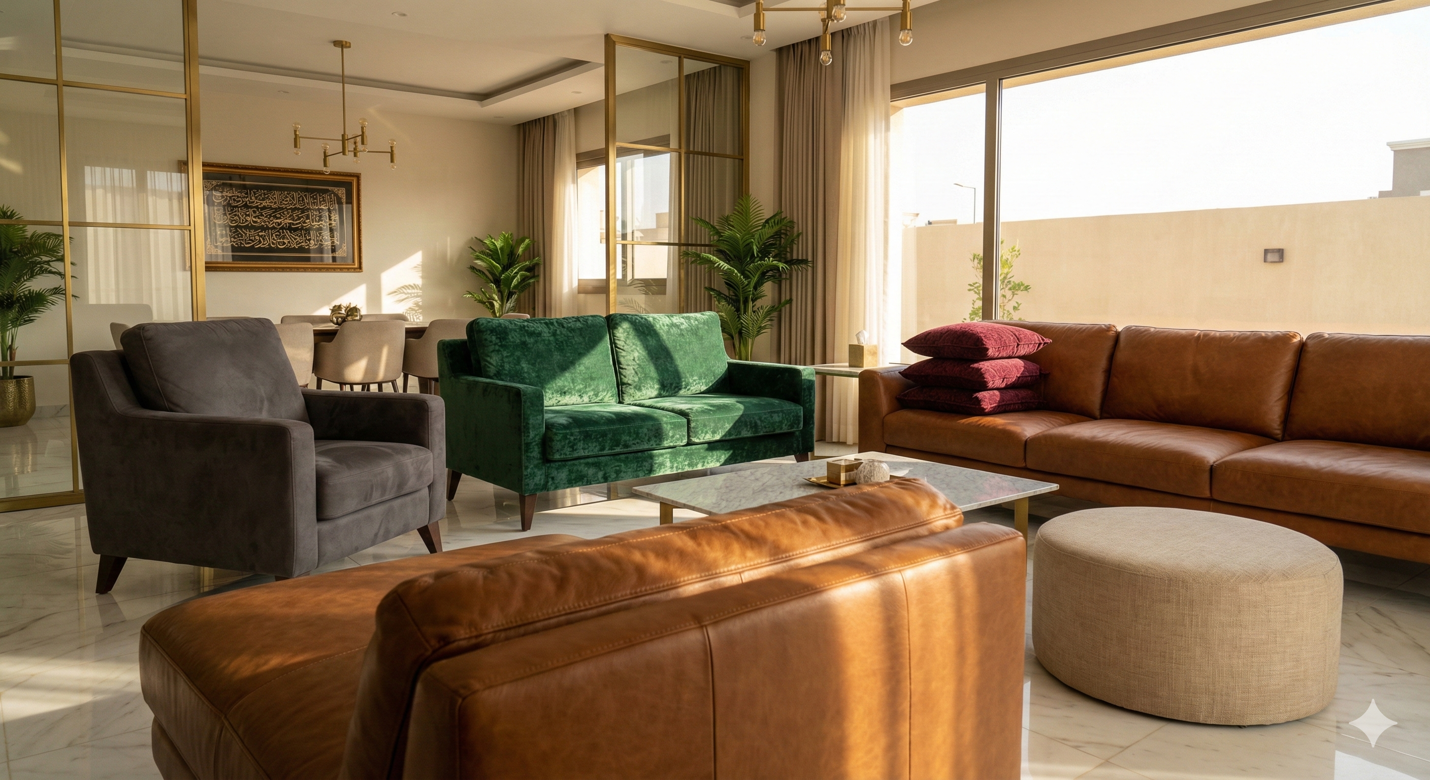 Living room showcasing different sofa upholstery types