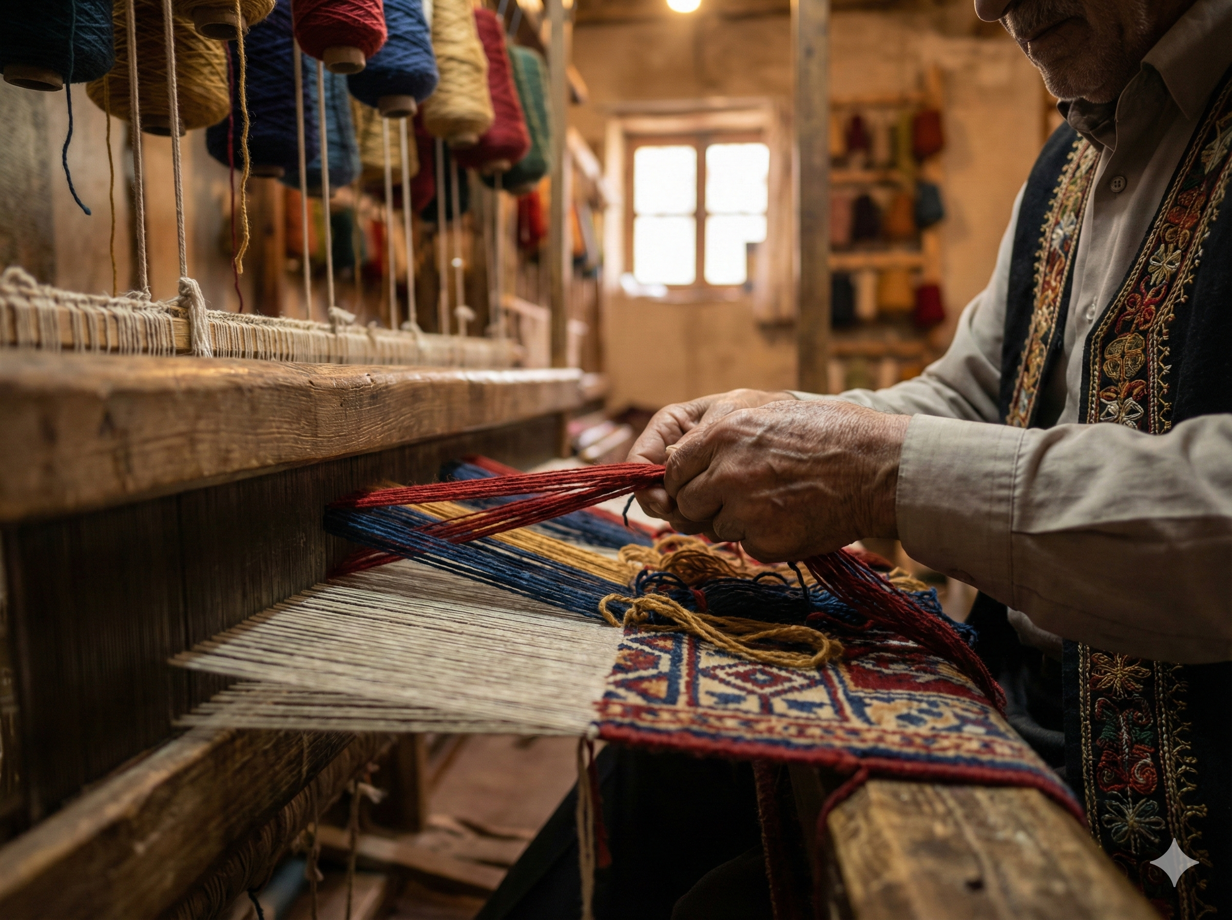 Traditional hand-knotted carpet making