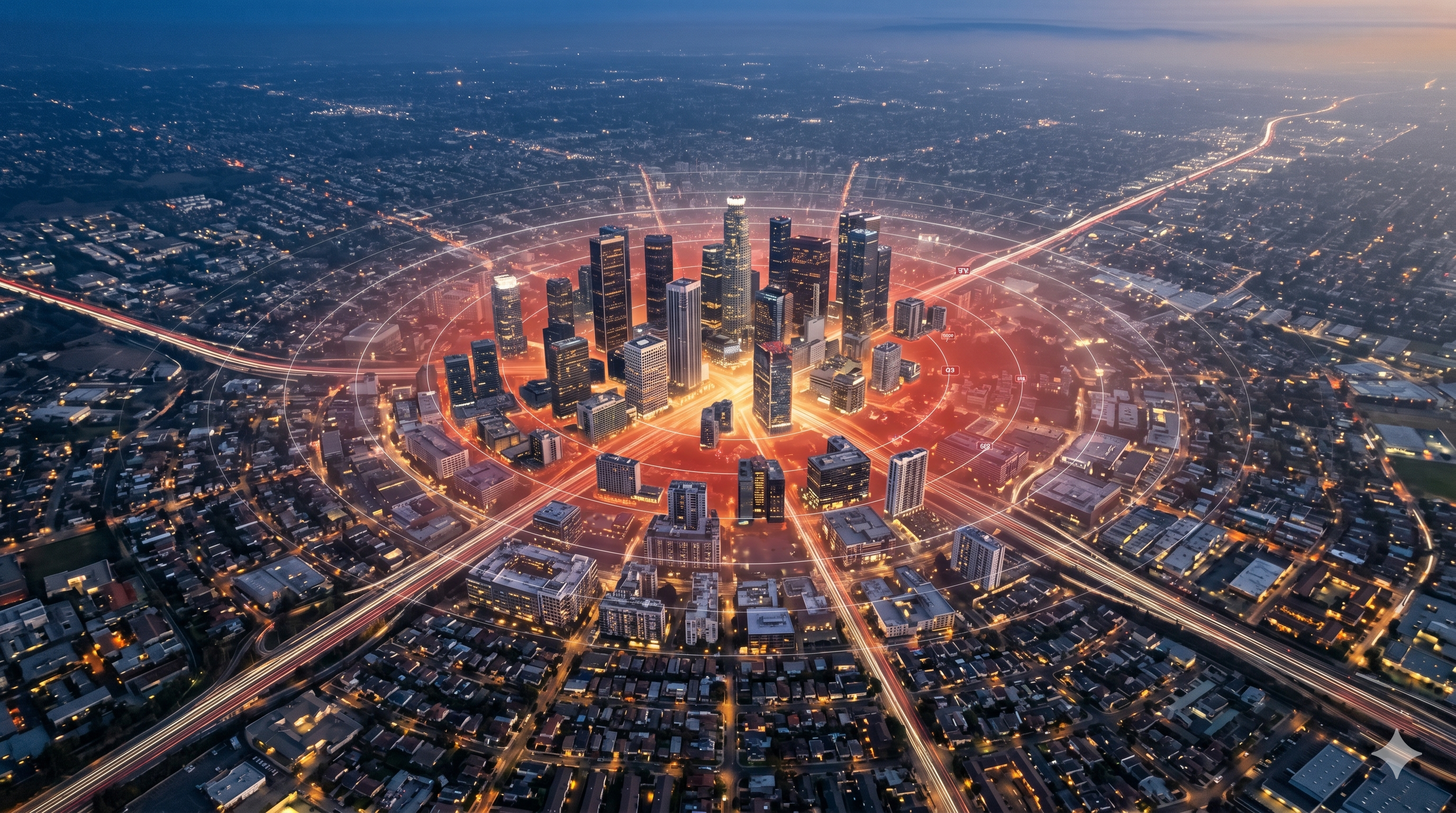 Aerial night view of a city in concentric rings illustrating the Alonso-Muth-Mills model