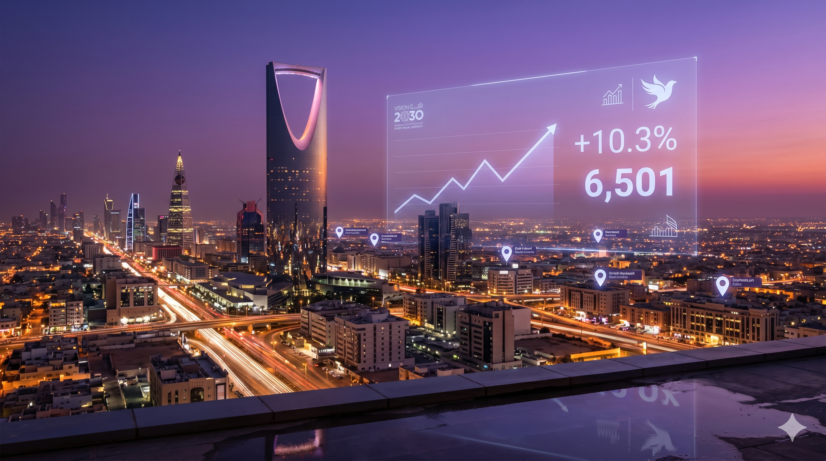 Riyadh skyline at night with analytical real estate data depicting Saudi market transformation