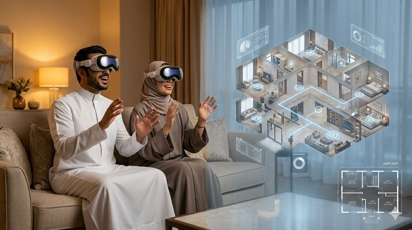 زوجان سعوديان يجربان جولة افتراضية ثلاثية الأبعاد لعقار بنظارة VR
