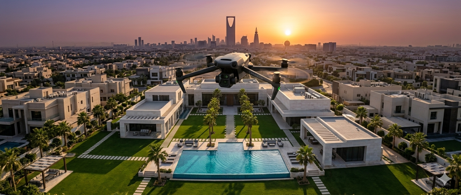 طائرة درون فوق فيلا سعودية فاخرة في وقت الغروب