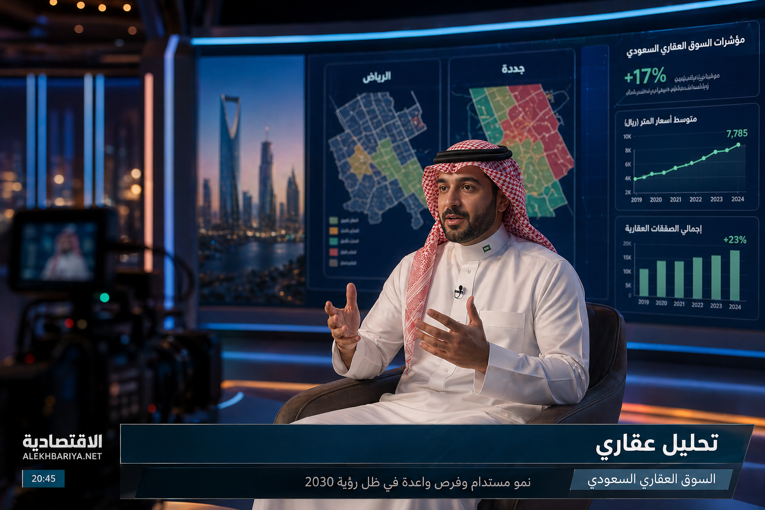 محلل عقاري سعودي معتمد في استوديو تلفزيوني يقدم تحليلاً للسوق العقاري