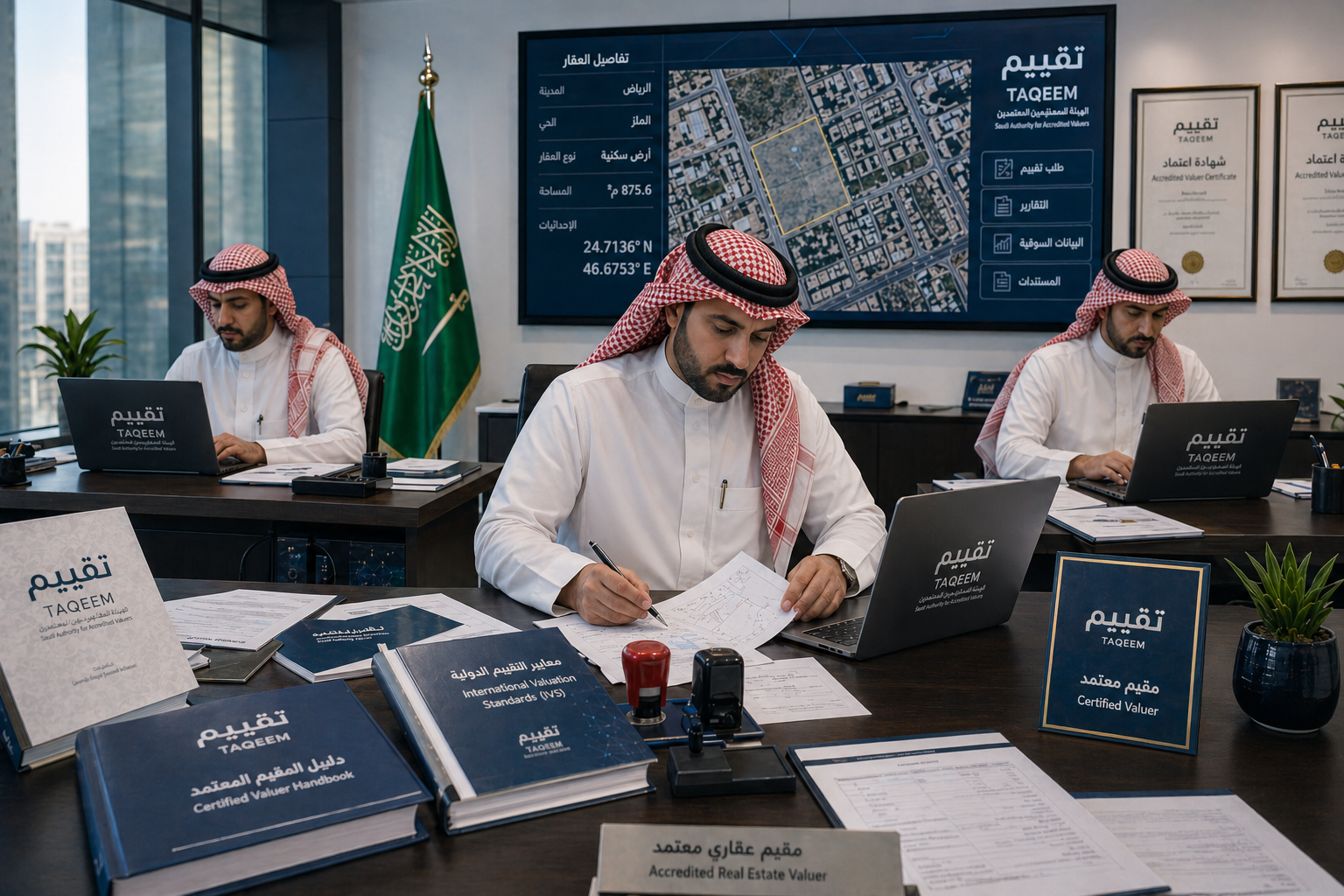 ثلاثة مقيمين عقاريين سعوديين معتمدين يقيّمون العقار باستقلالية