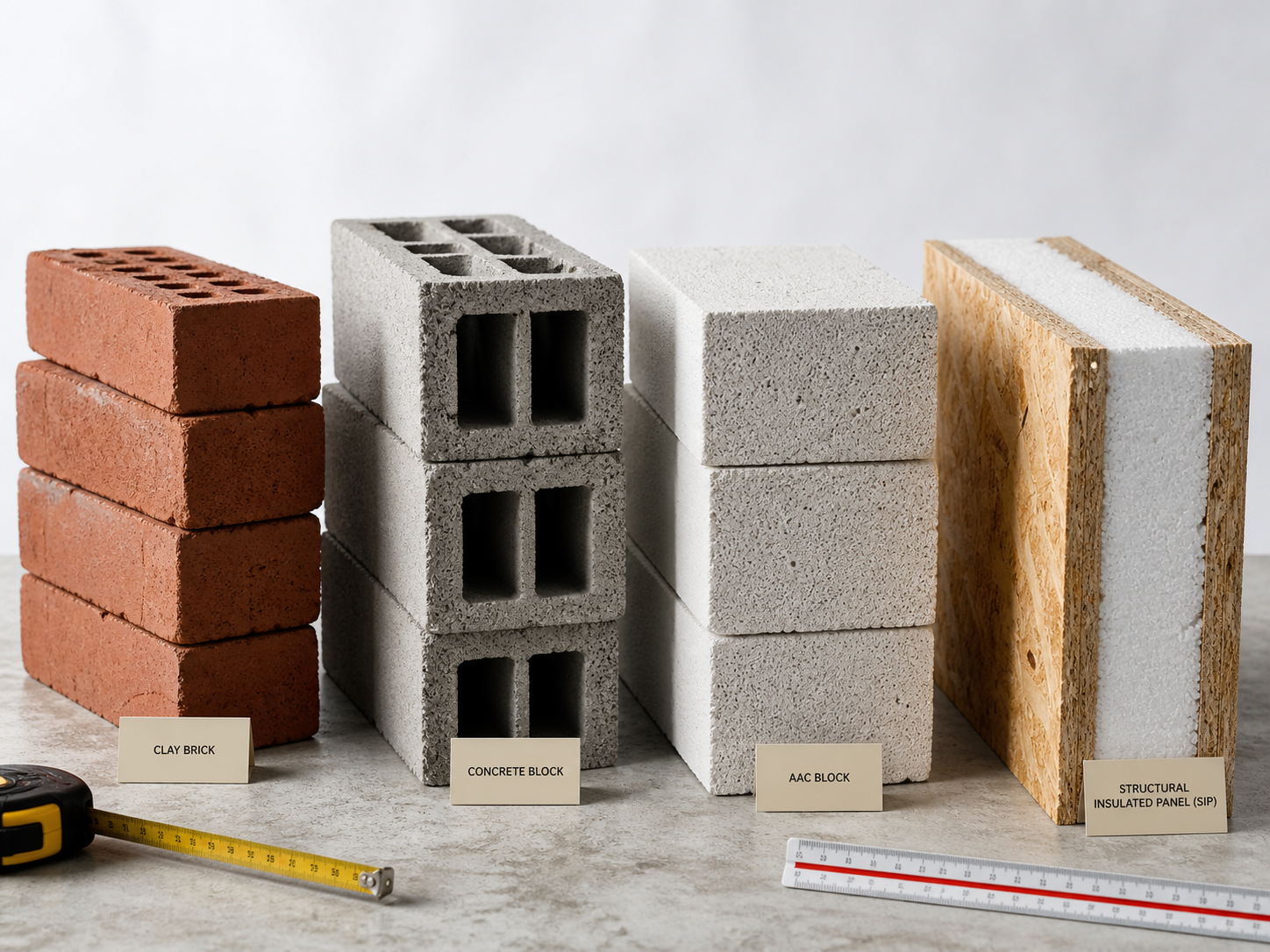 Comparison of Saudi building materials: red brick, cement block, AAC lightweight Ytong block, and SIP structural panel