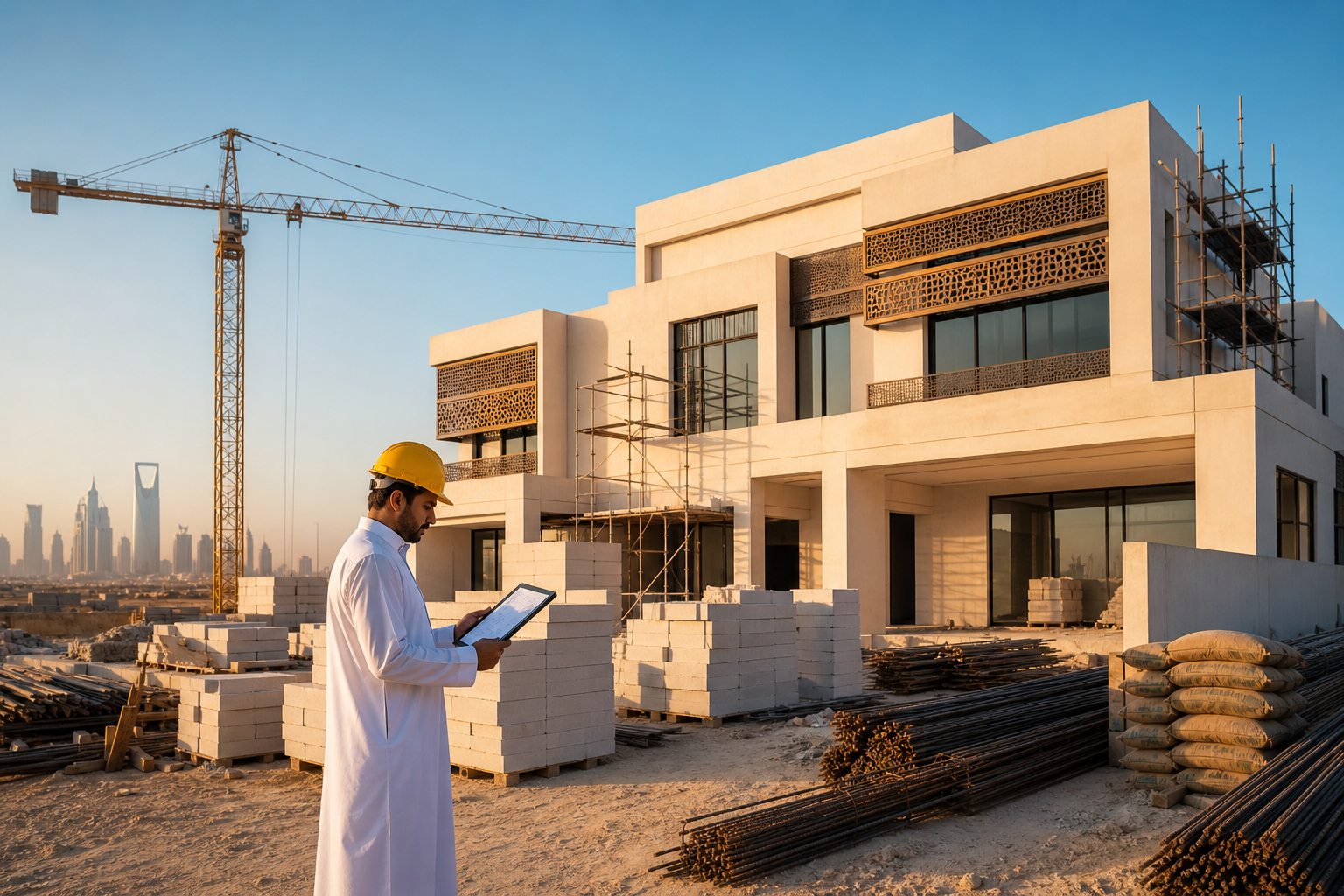 A modern villa construction site in Saudi Arabia using AAC lightweight blocks and cost-saving construction techniques in 2026