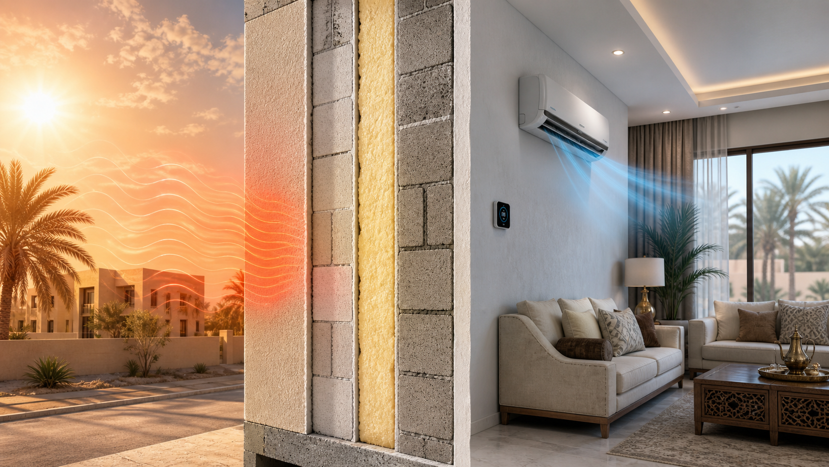 Cross-section of a Saudi villa wall illustrating thermal insulation layers and energy efficiency under Saudi Building Code SBC 601