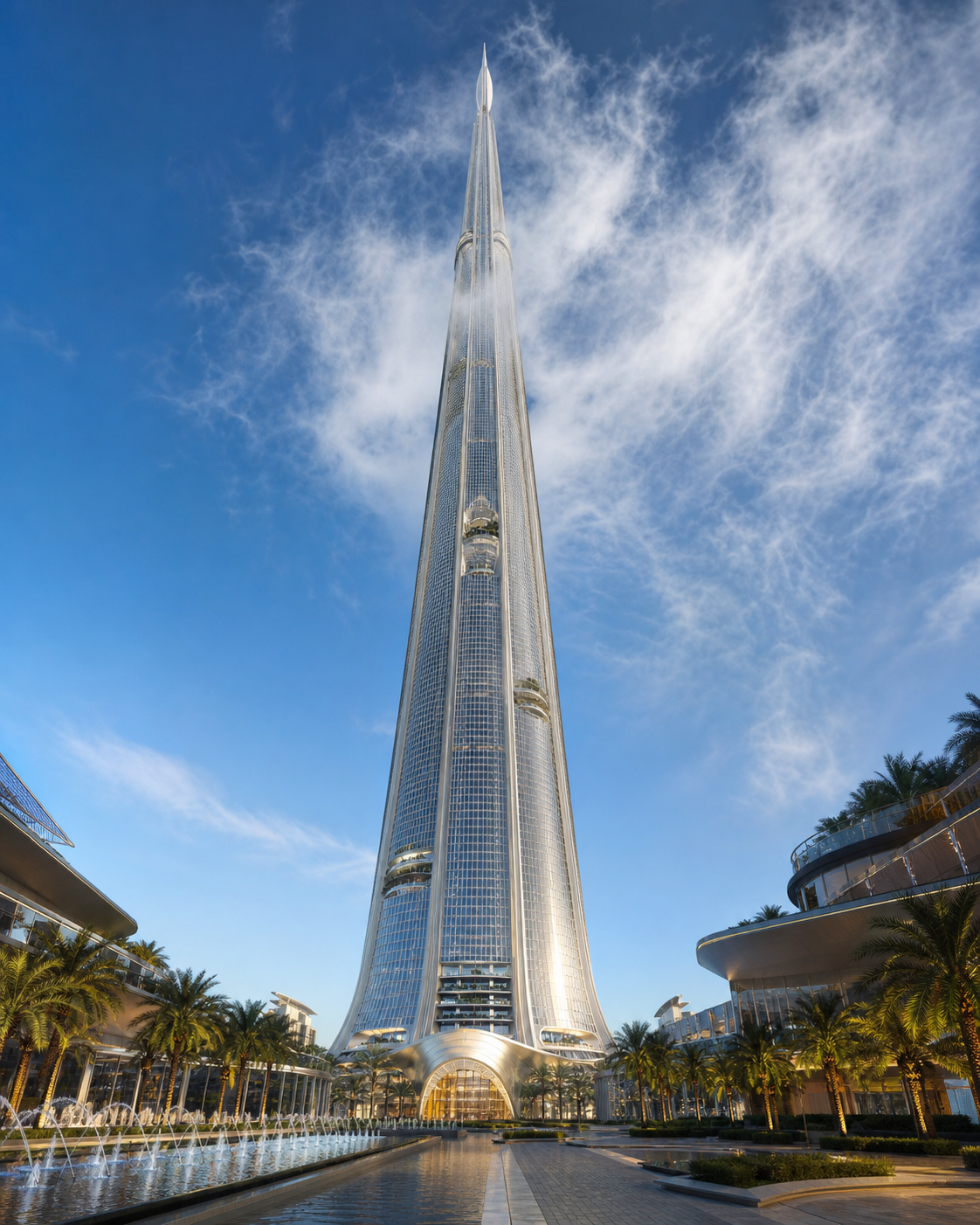 Rise Tower in Riyadh standing 2 km tall with 678 floors designed by Foster + Partners as the tallest building in the world