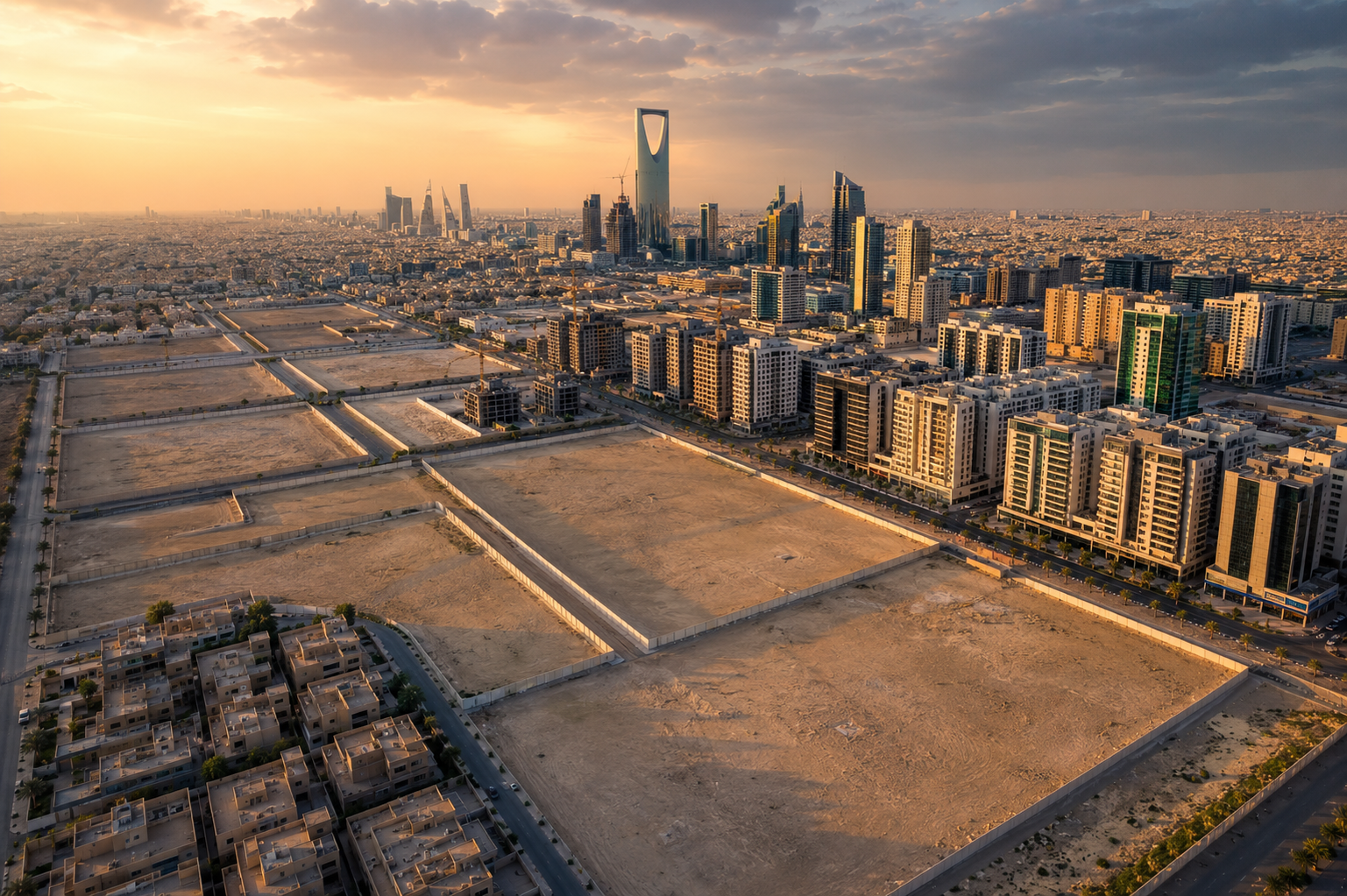 Aerial view of Riyadh showing contrast between vacant white lands and developed areas
