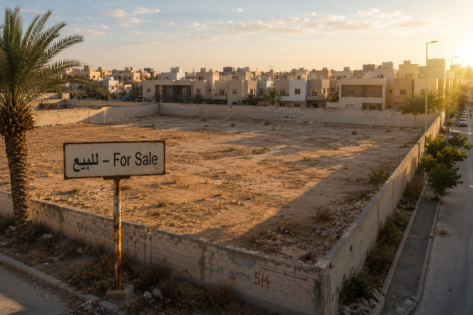 A vacant white land plot surrounded by walls in the middle of a Saudi residential neighborhood