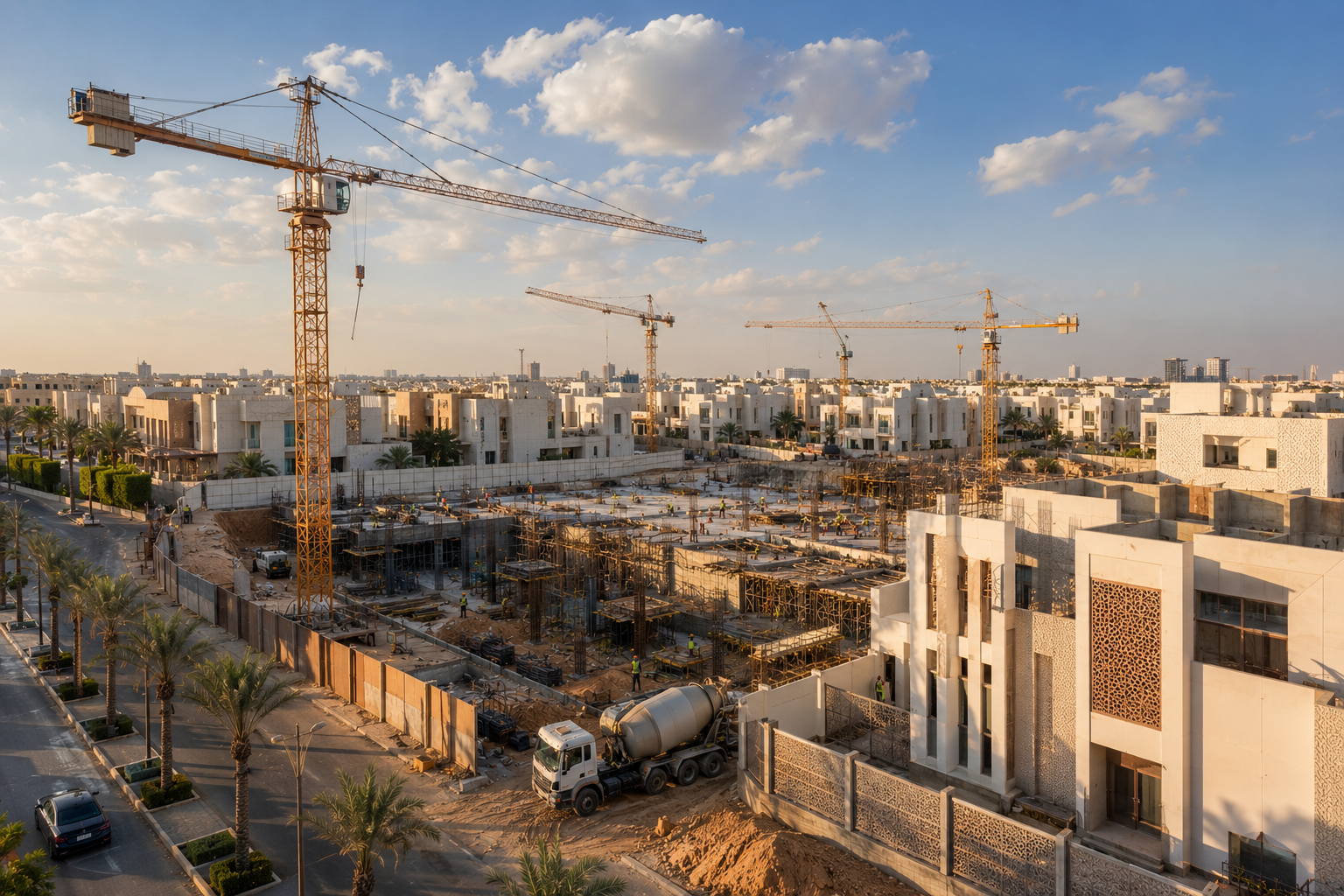 Modern Saudi construction site with cranes developing former white land into residential units