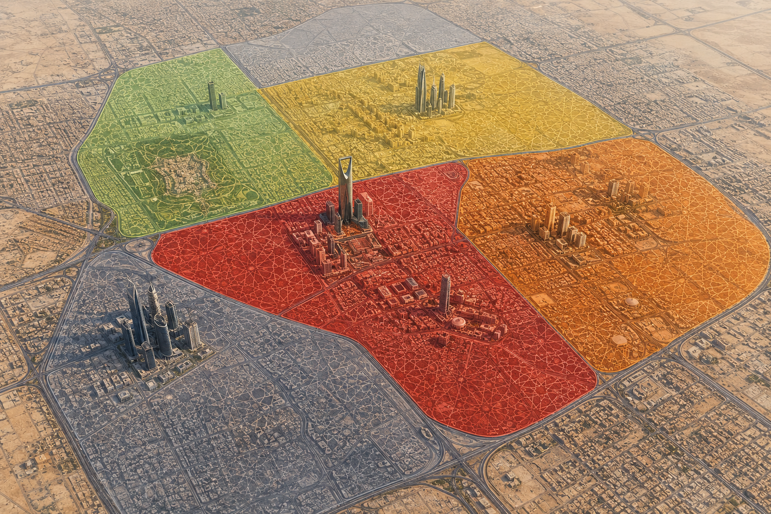 Visual representation of Riyadh divided into five geographical brackets for White Land Fees