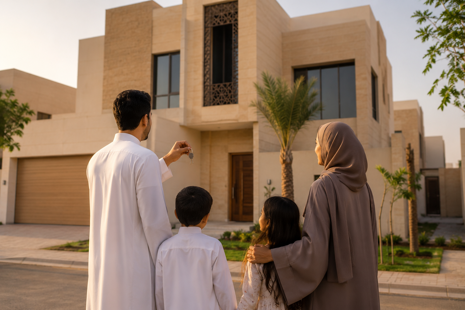 A young Saudi family in front of their new home in a modern Riyadh neighborhood