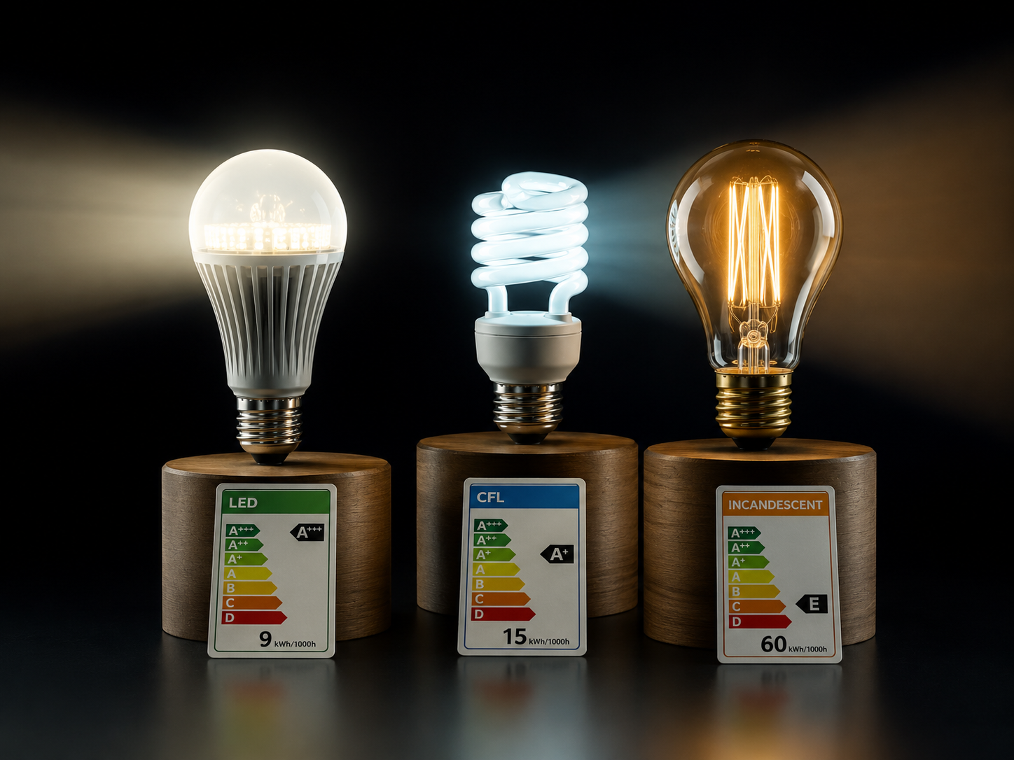 Comparison between LED, CFL, and incandescent lighting bulb types