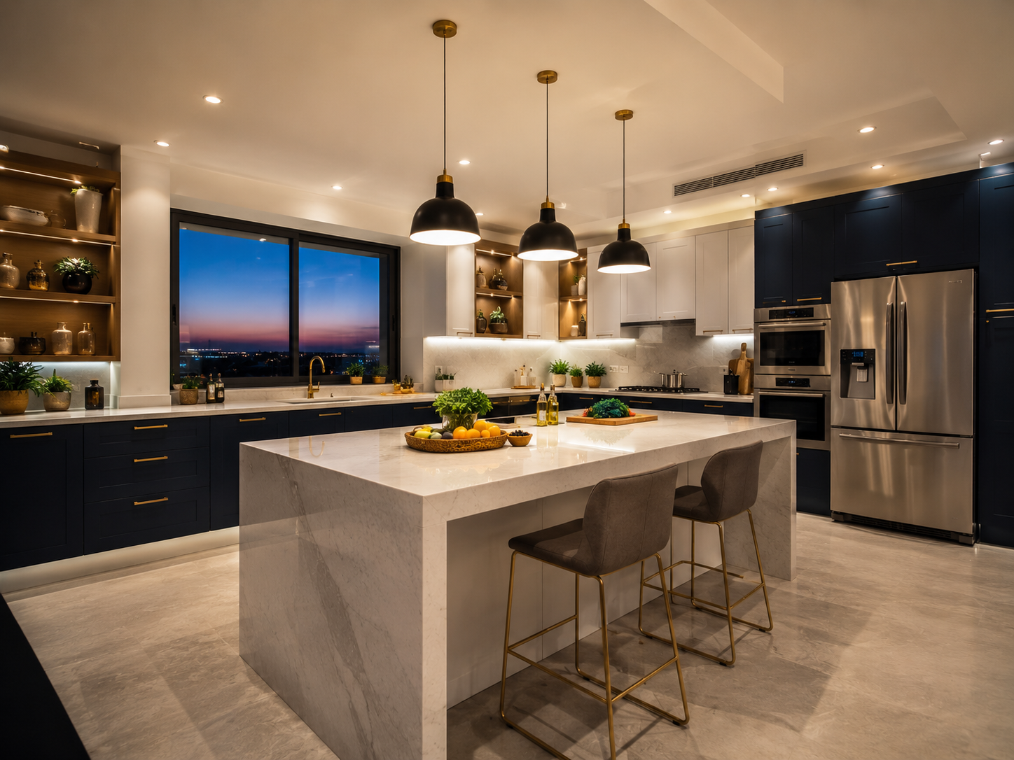 Modern kitchen lighting - contemporary Saudi kitchen with practical multi-layered illumination