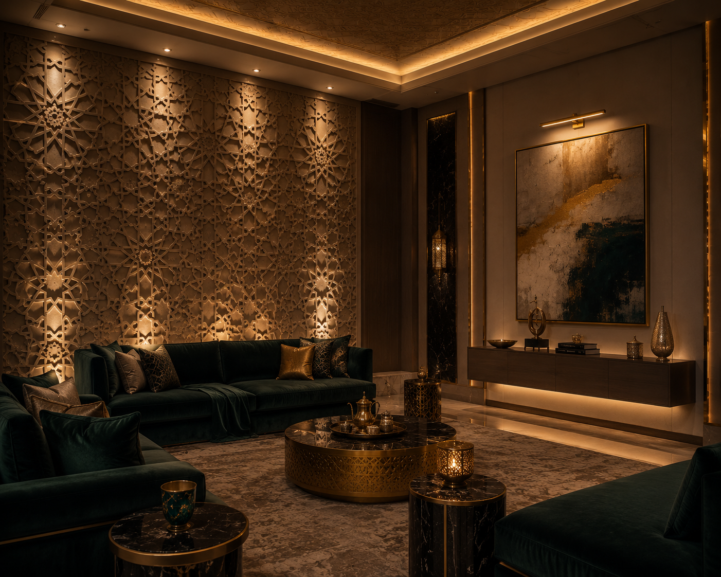 Highlighting decor with lighting - luxury majlis with accent lighting on walls and decoration