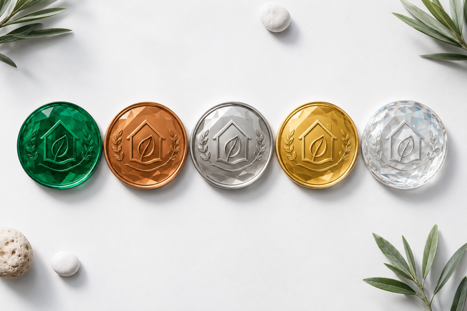 The five Mostadam certification levels: Green, Bronze, Silver, Gold, Diamond