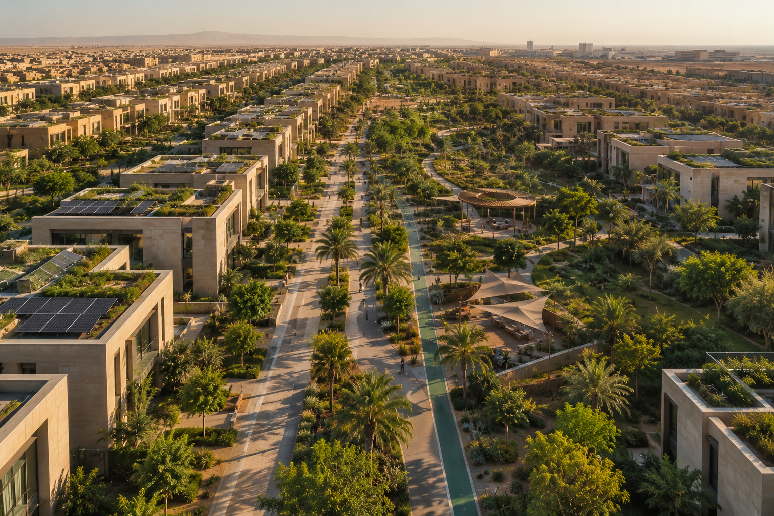 Sustainable residential community with pedestrian and cycling paths and green spaces