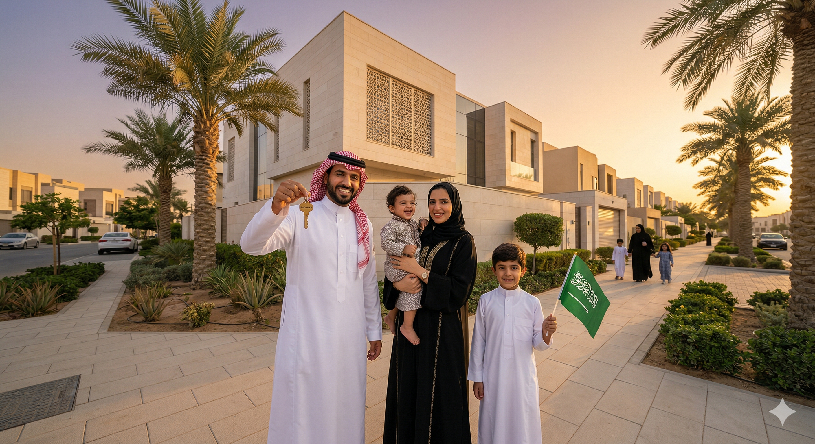 Happy Saudi family in front of their first home after obtaining tax exemption