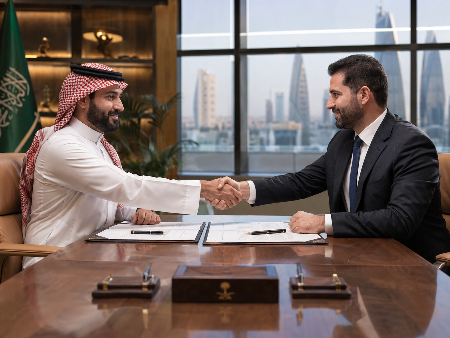 Partnership handshake and investment contract signing in Saudi Arabia