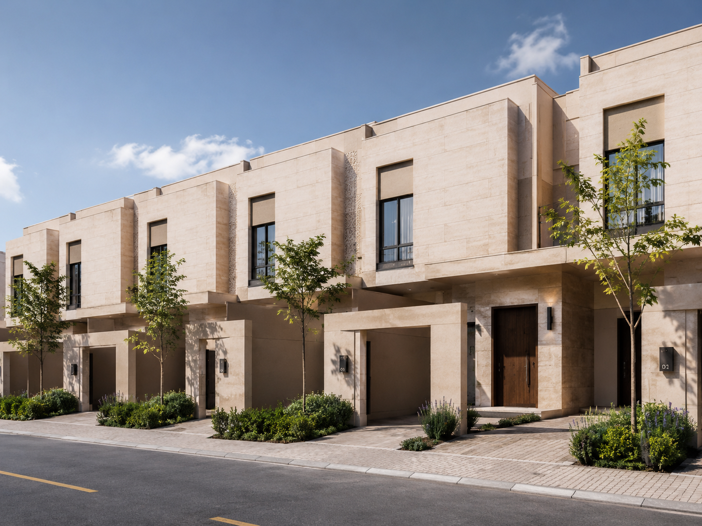 A row of connected townhouses