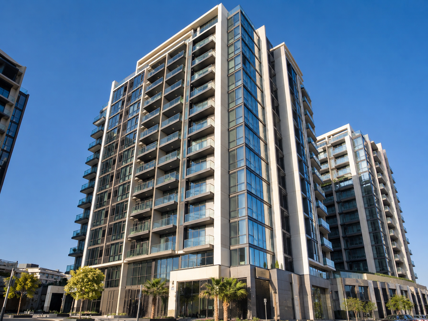 Modern residential tower with various apartments