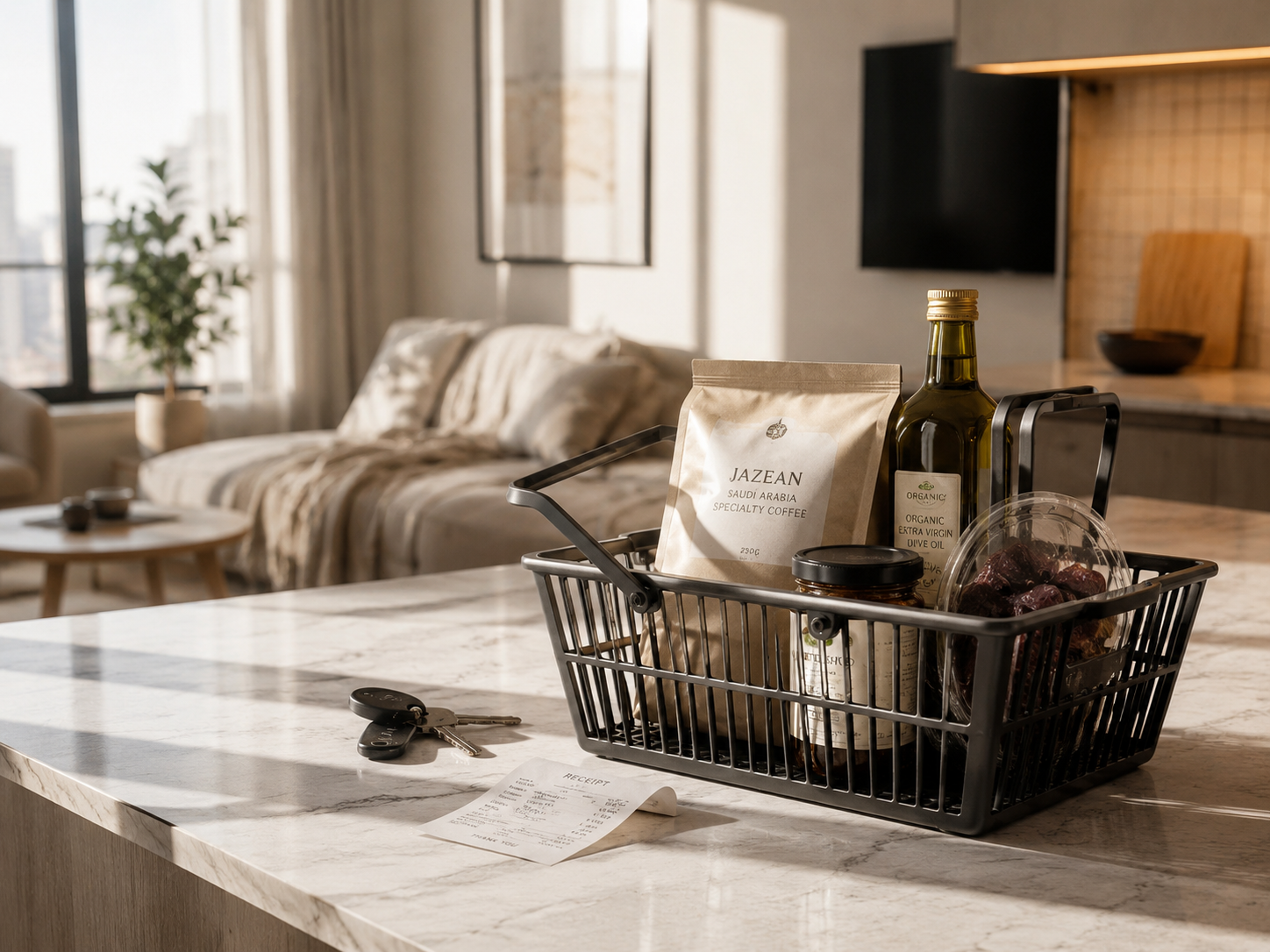 A small elegant shopping basket with house keys symbolizing changing purchasing power