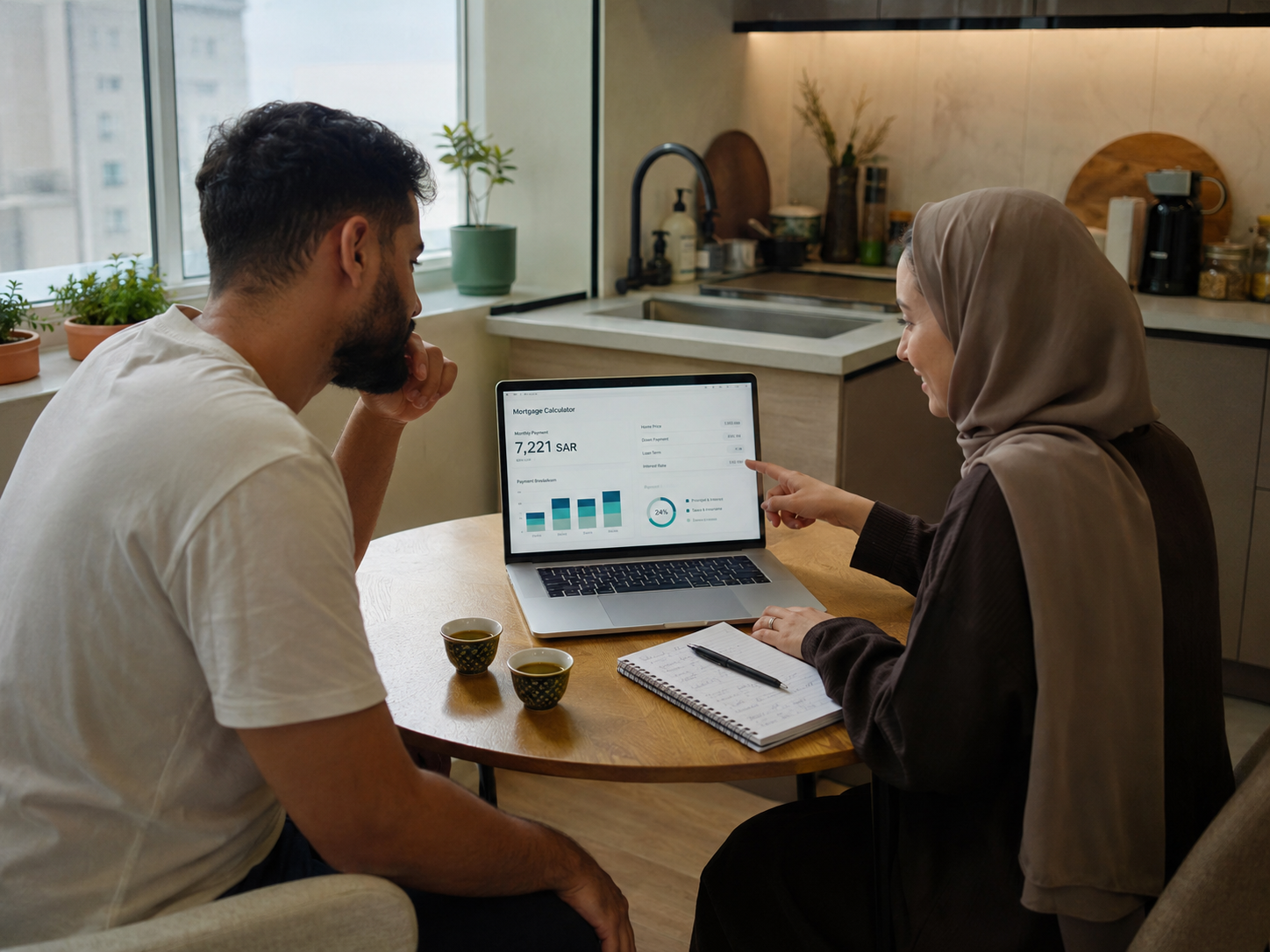 A young couple reviewing a mortgage calculator at their kitchen table