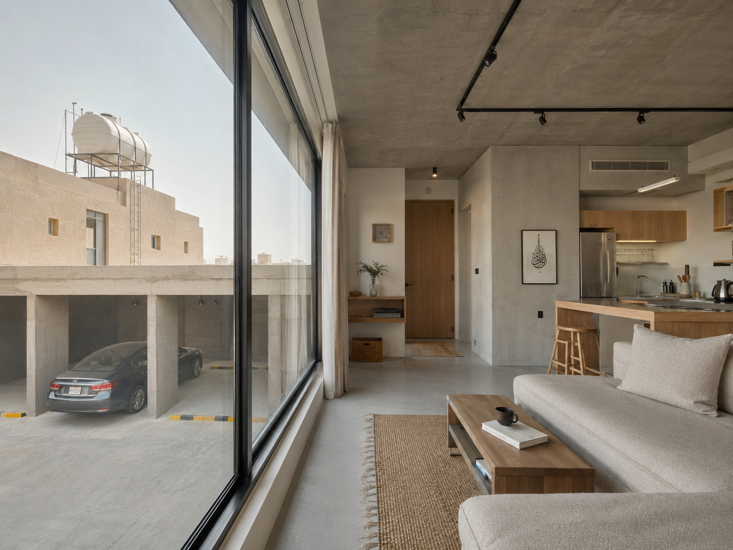 A modern compact residential unit with private parking and an independent water tank