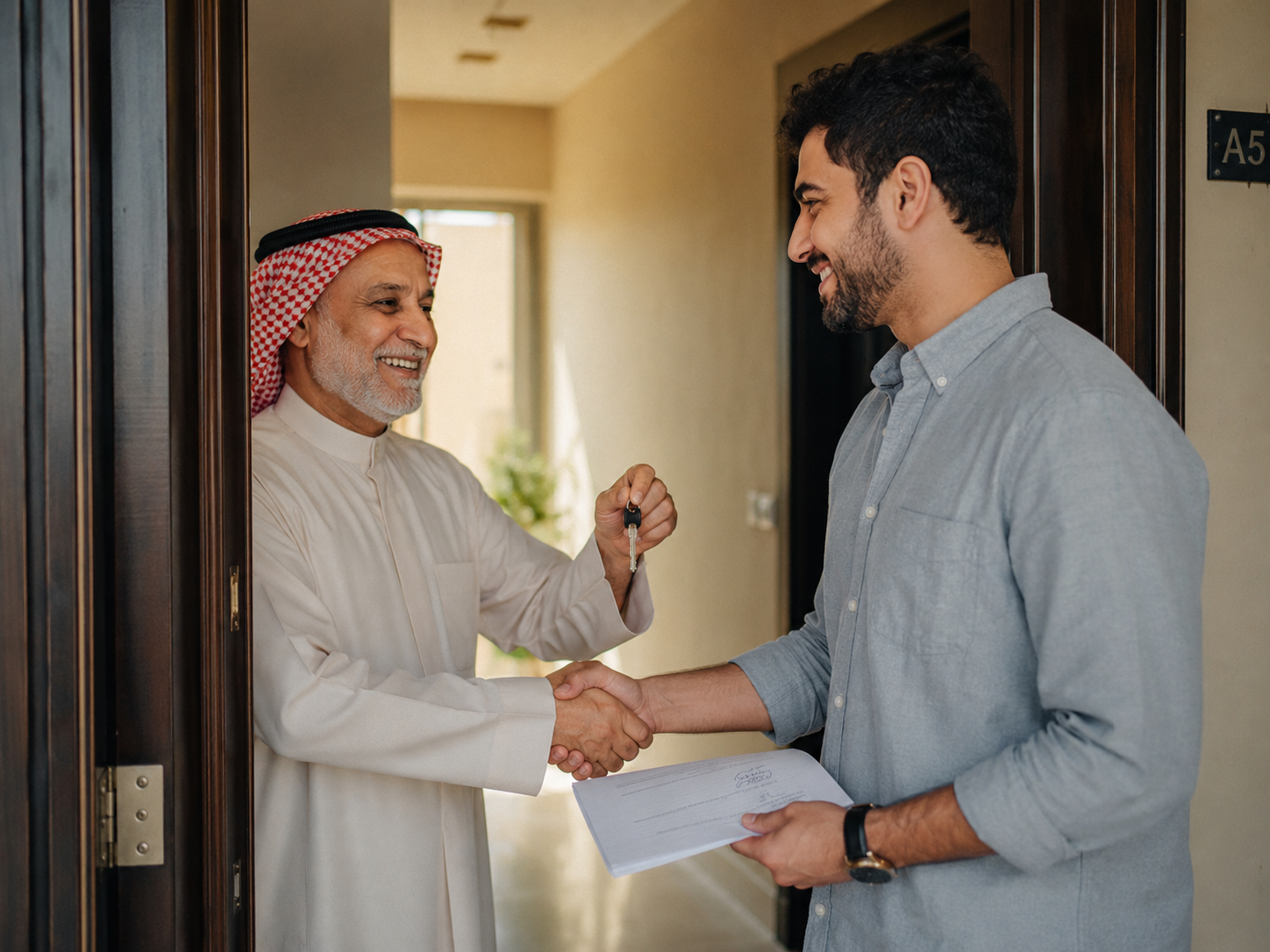 A property owner handing the unit key to a young buyer in a win-win deal