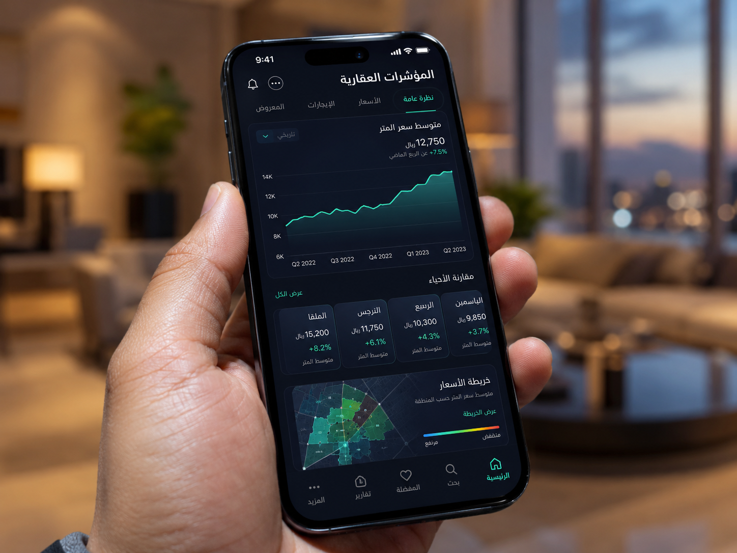 Real estate indicators app showing price per meter trends in a neighborhood