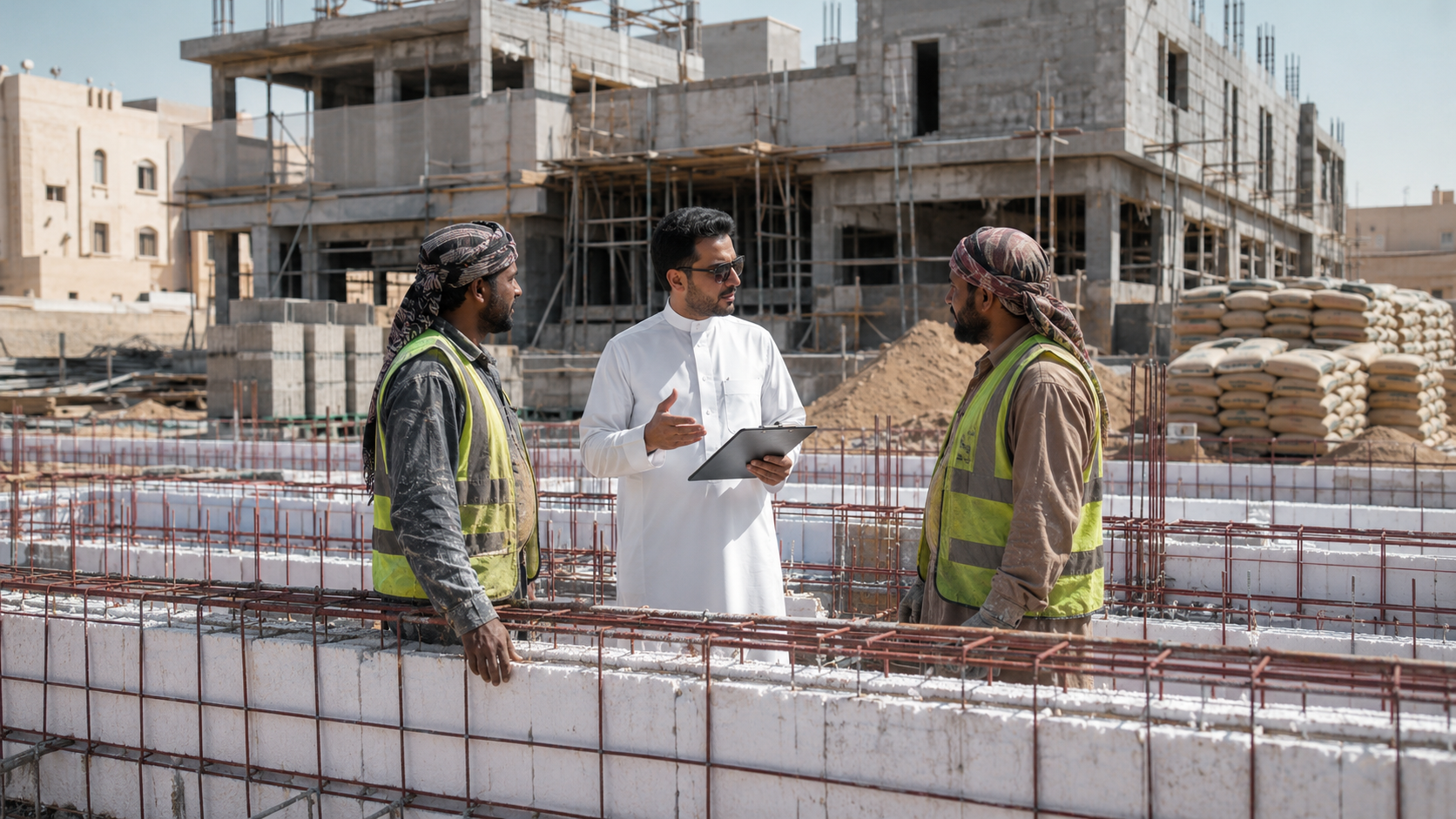 مالك سعودي يشرف على بناء بيته في مرحلة العظم ويفحص الحديد والبلوك