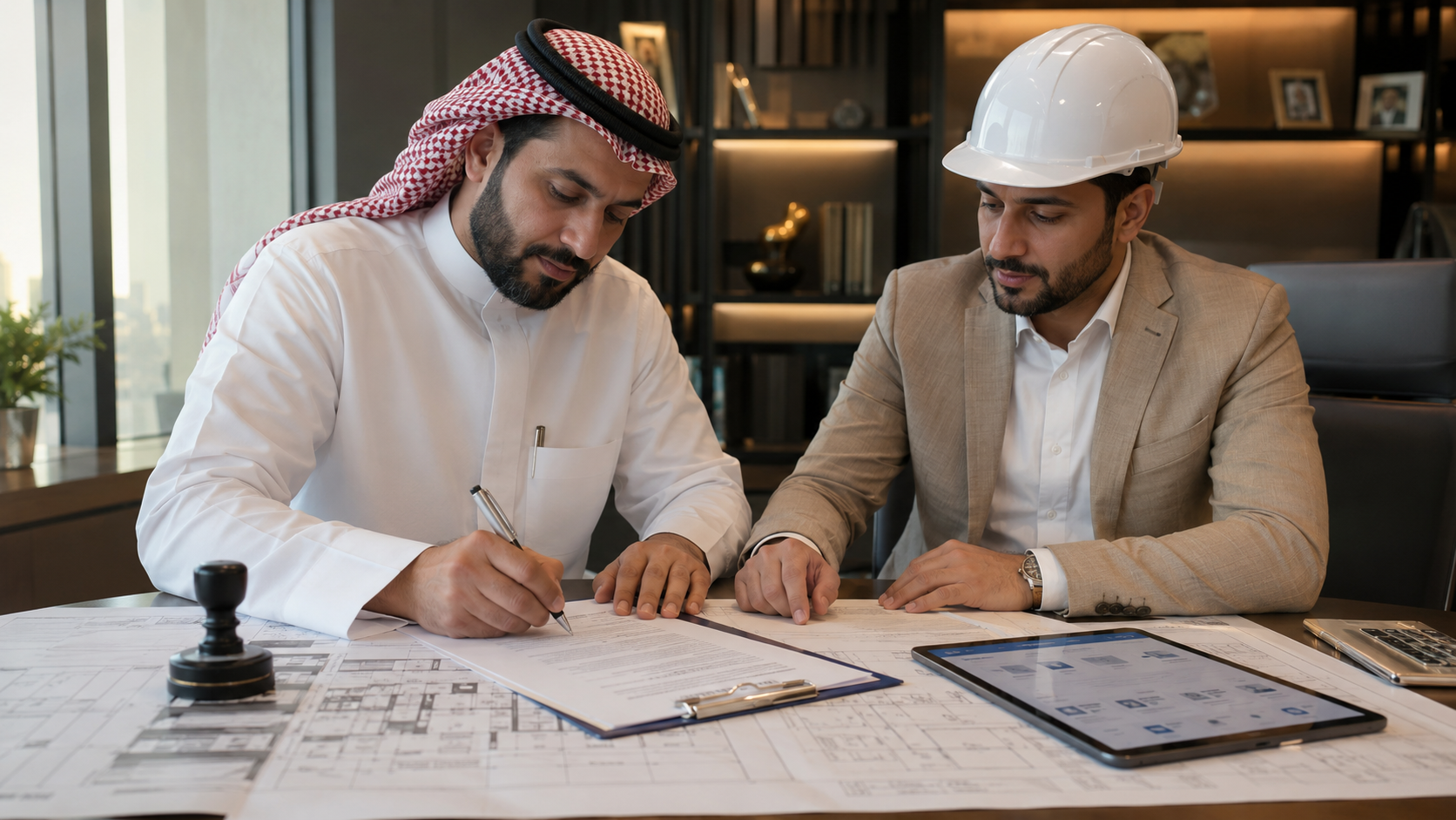 مالك ومهندس يراجعان ويوقّعان عقد مقاولة بناء مع جدول الكميات والمخططات
