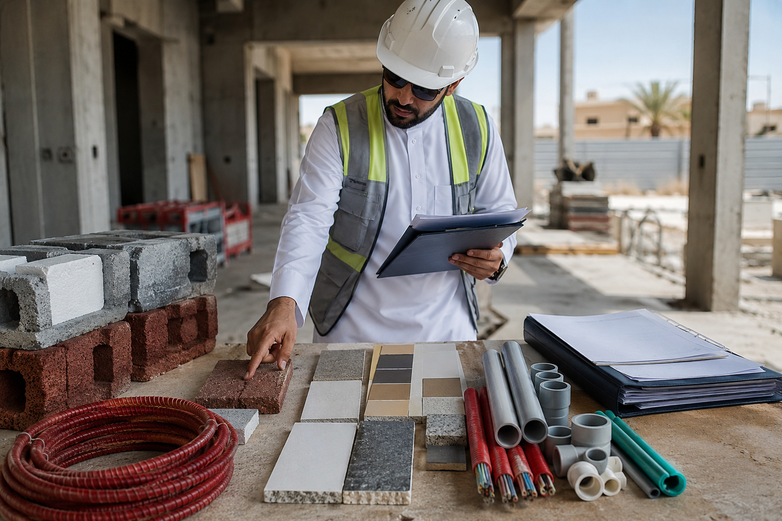 مهندس يفحص جودة مواد البناء والعينات مع شهادات الضمان والفواتير