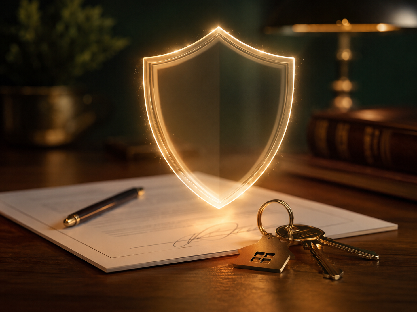 A symbolic protective shield over a signed contract and house keys, representing protection of the broker's commission
