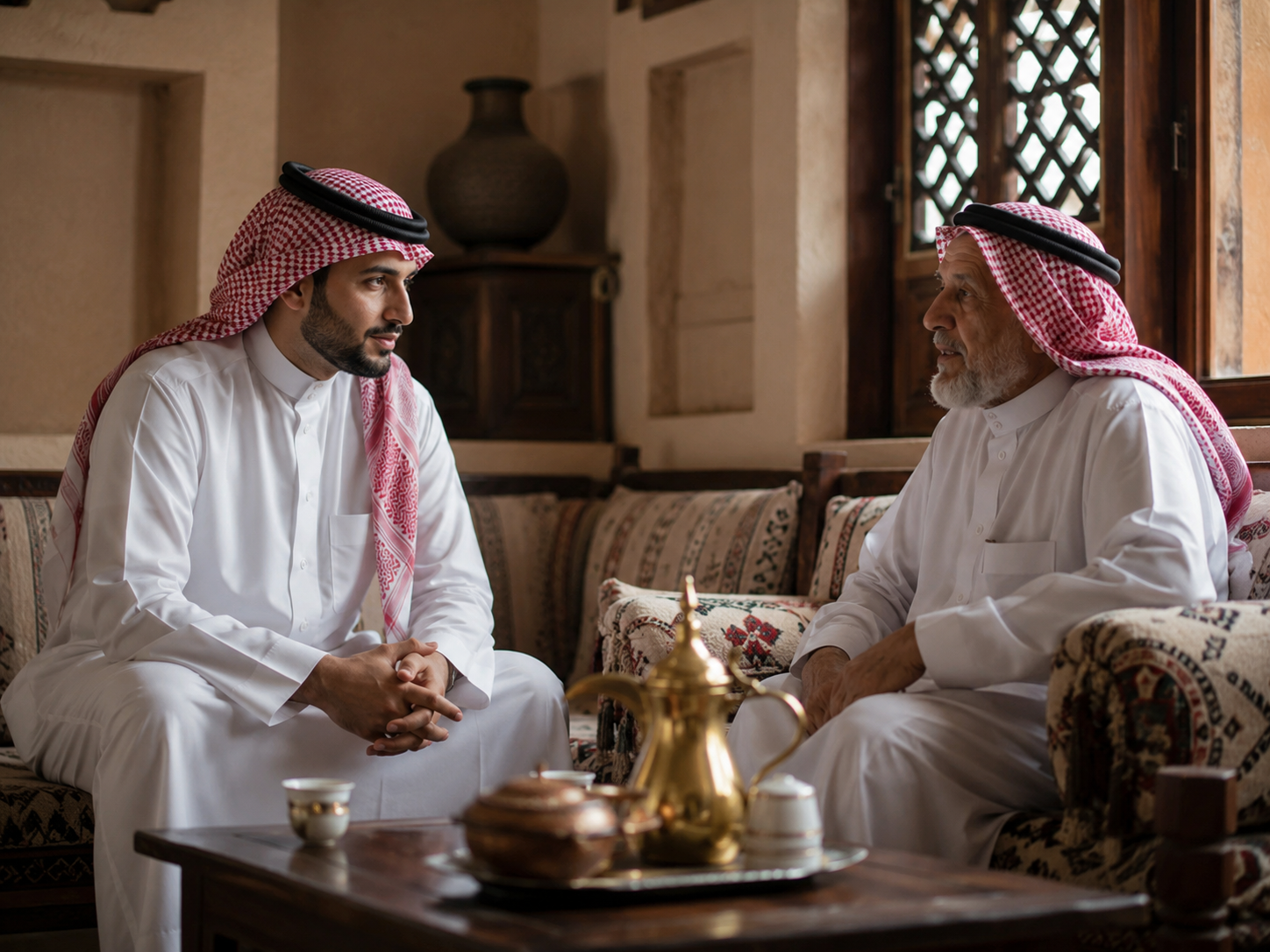A young Saudi broker listening attentively to an elderly property owner in a traditional majlis with Arabic coffee