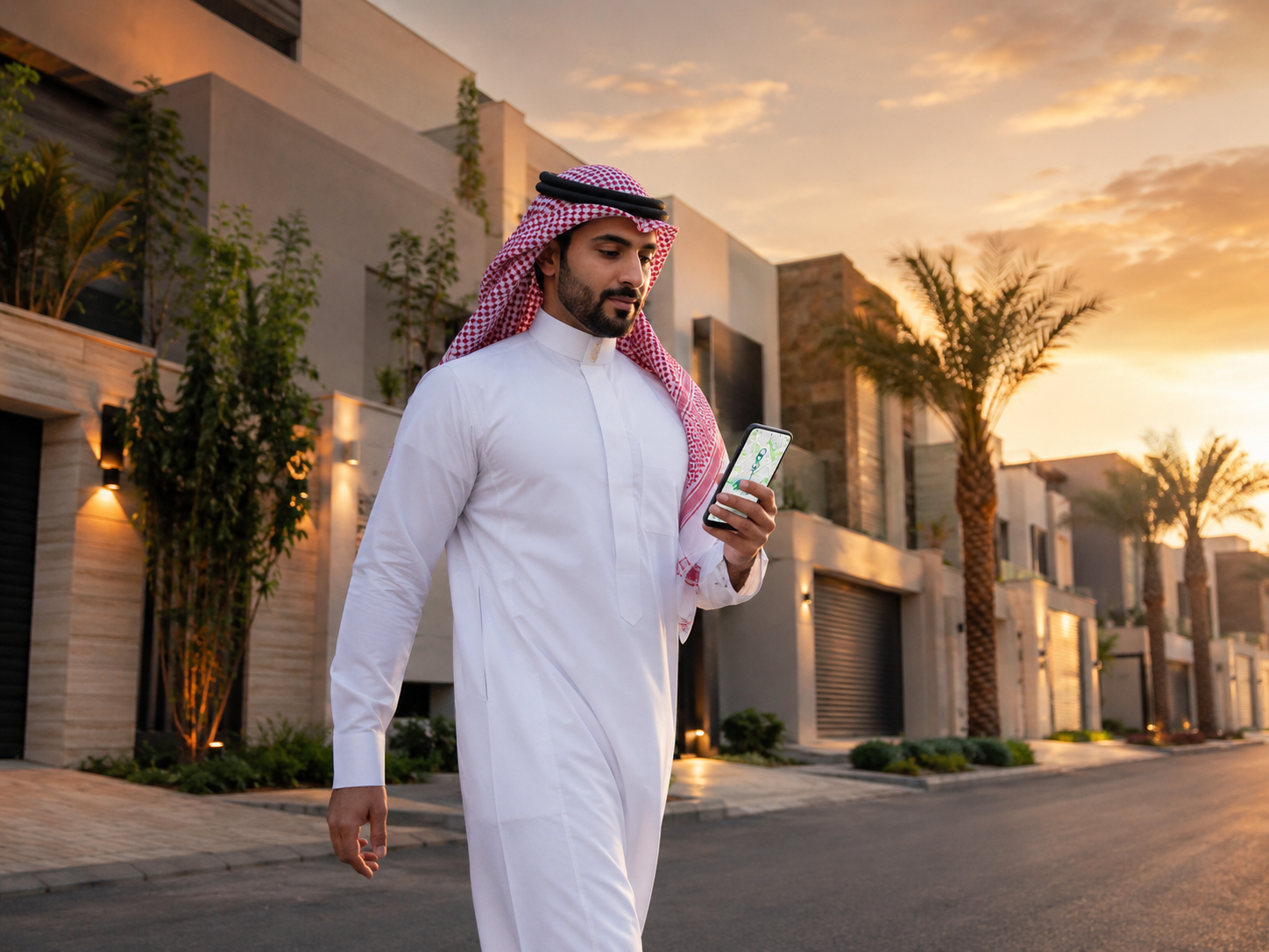 A Saudi broker walking through a modern villa neighborhood in Riyadh, looking at a property map on his phone