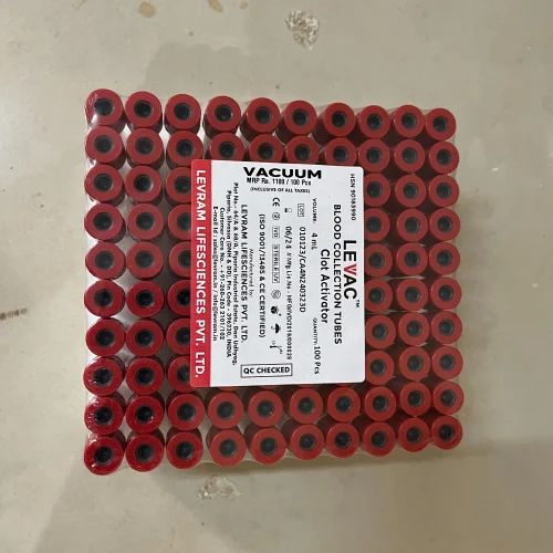 Red (cap) Levac Vacuum Blood Collection Clot Activator Tubes, 4ml, Plastic