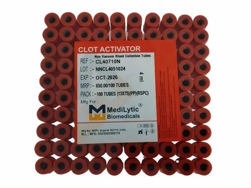 Plastic MediLytic Clot Activator/Plain Non-Vacuum Blood Collection Tubes, 2 ml
