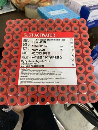 Glass Red ( Cap ) DBO CLOT ACTIVATOR Non Vacuum Blood Collection Tubes, 4ml